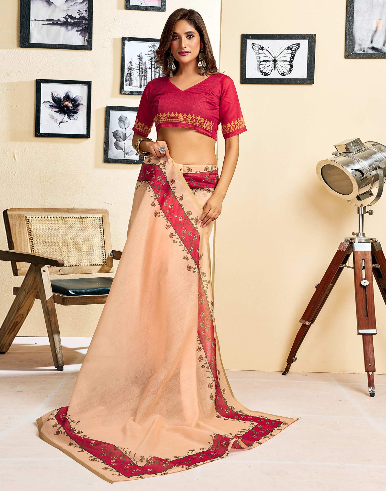 Ready To Wear Peach Linen Printed Saree - Image 8