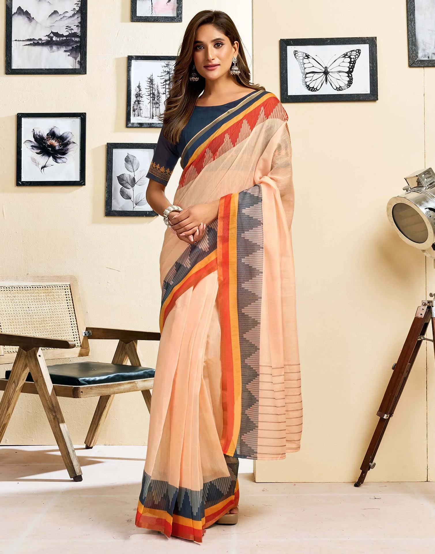 Ready To Wear Peach Linen Printed Saree - Image 2