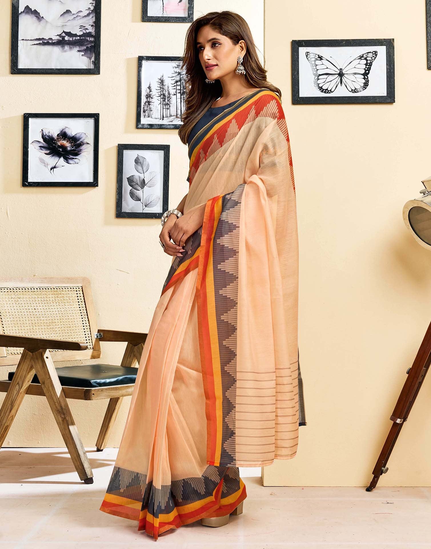 Ready To Wear Peach Linen Printed Saree - Image 6