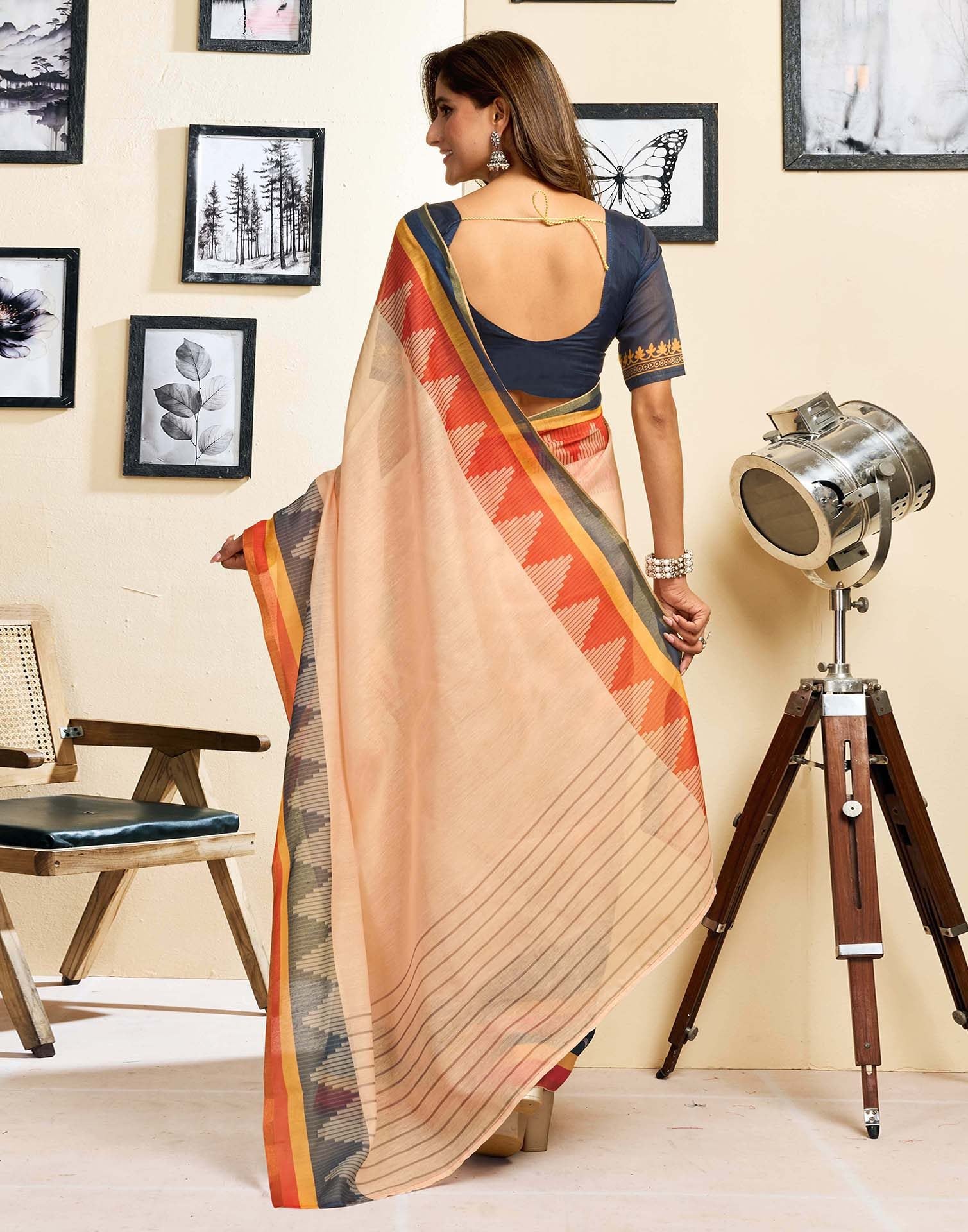 Ready To Wear Peach Linen Printed Saree - Image 8