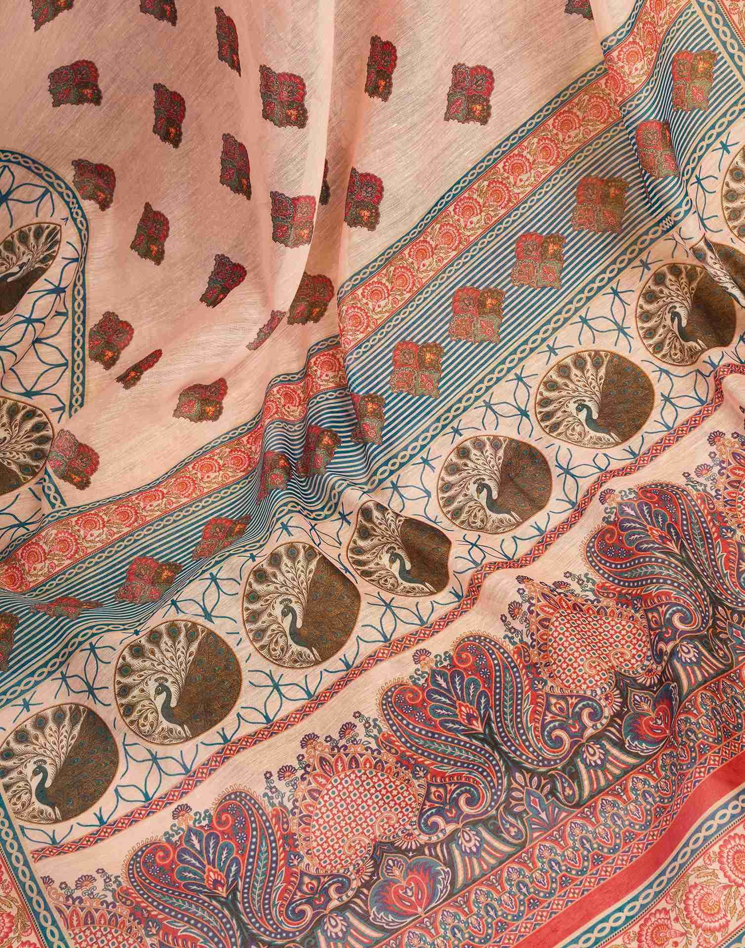 Ready To Wear Peach Linen Printed Saree - Image 10