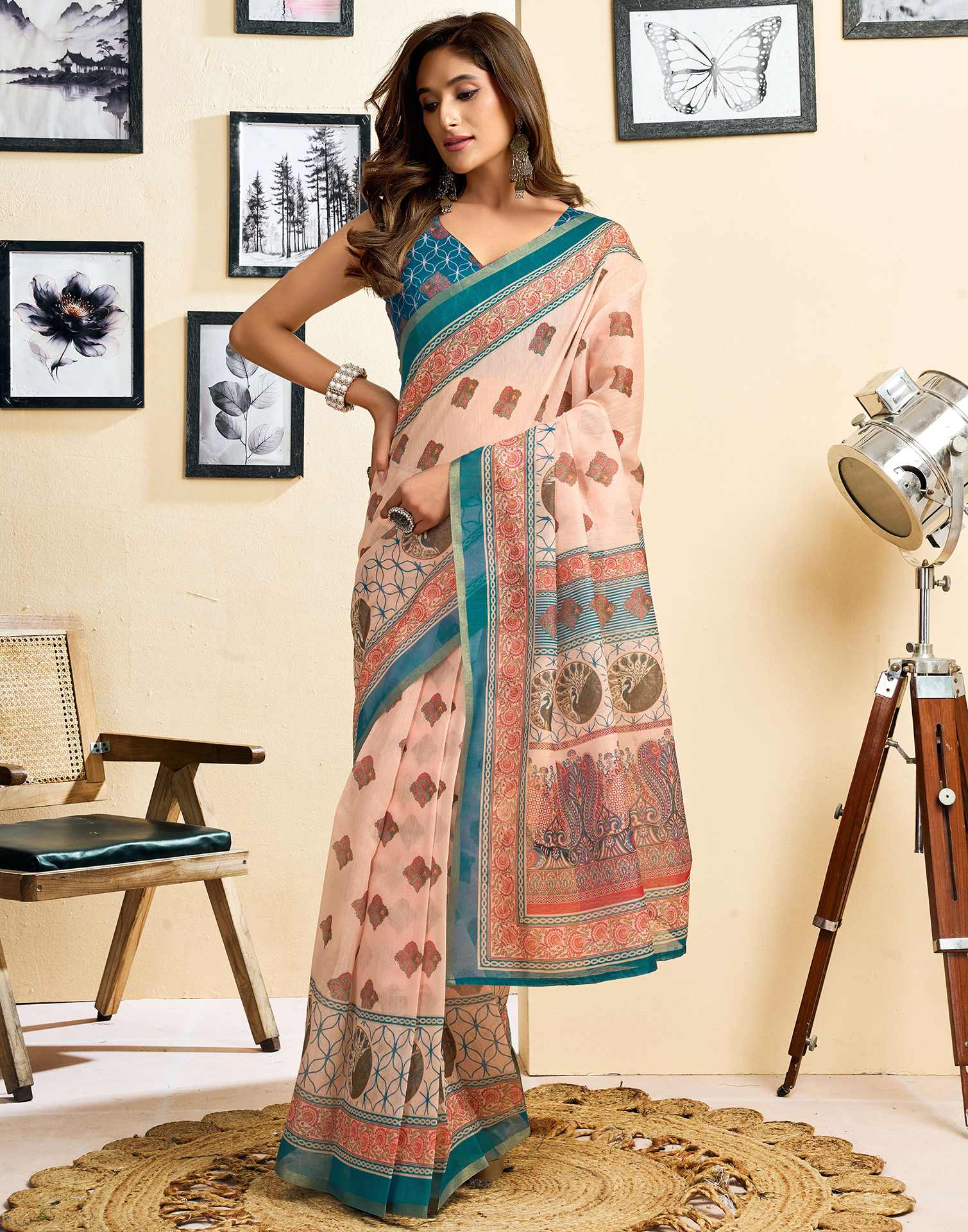 Ready To Wear Peach Linen Printed Saree - Image 5