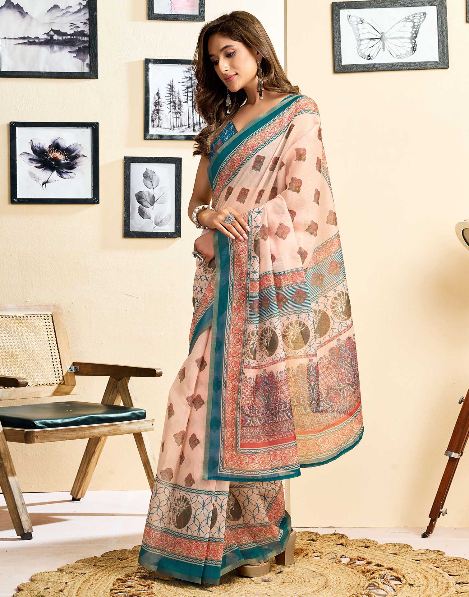 Ready To Wear Peach Linen Printed Saree - Image 6