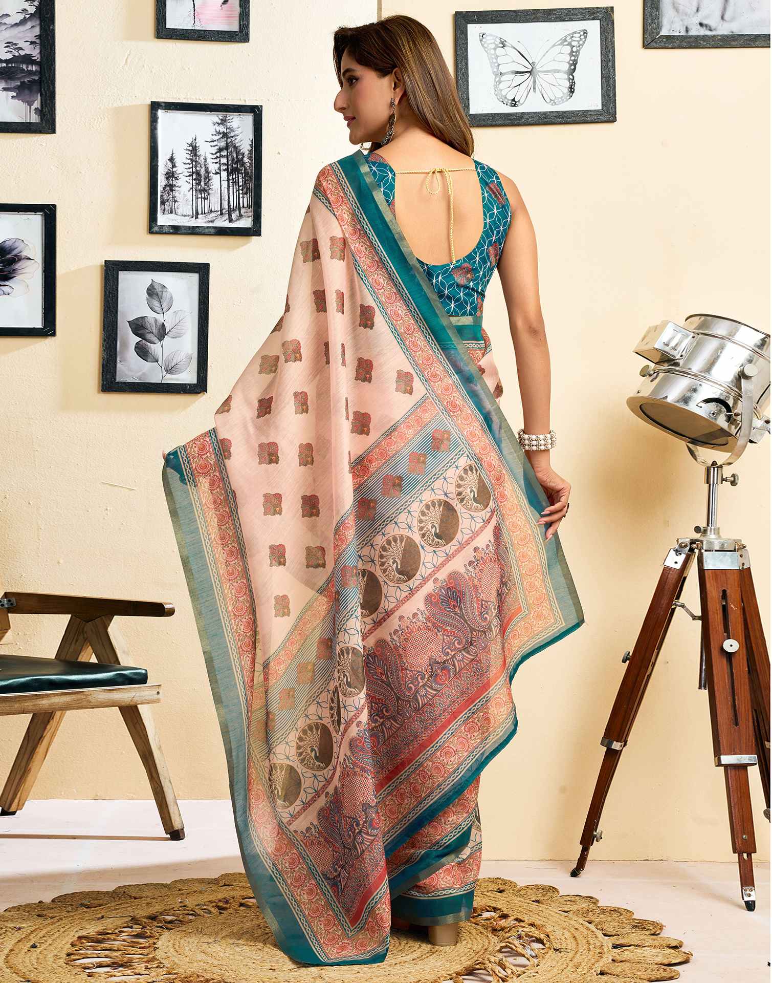 Ready To Wear Peach Linen Printed Saree - Image 8