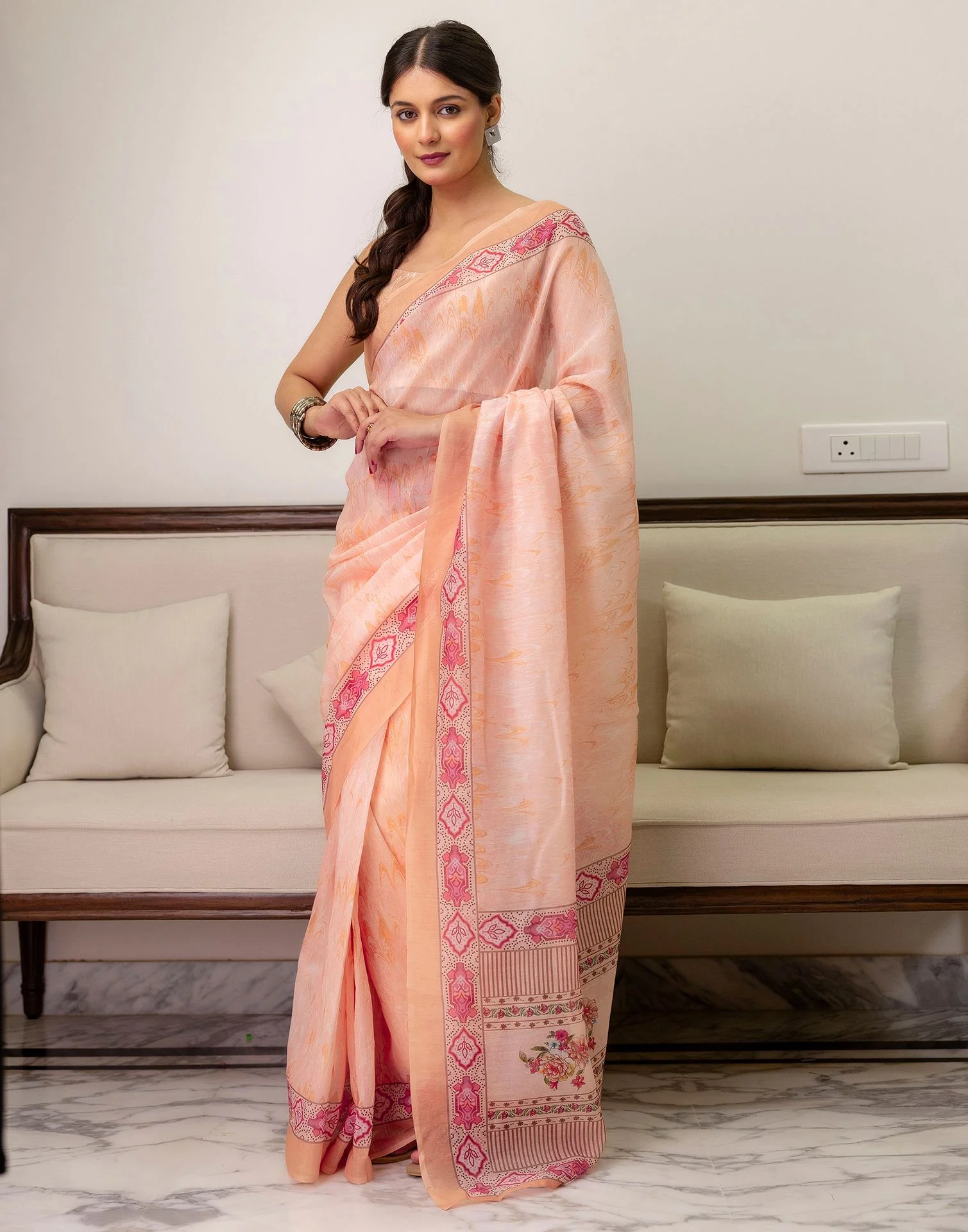Ready To Wear Peach Linen Printed Saree - Image 6