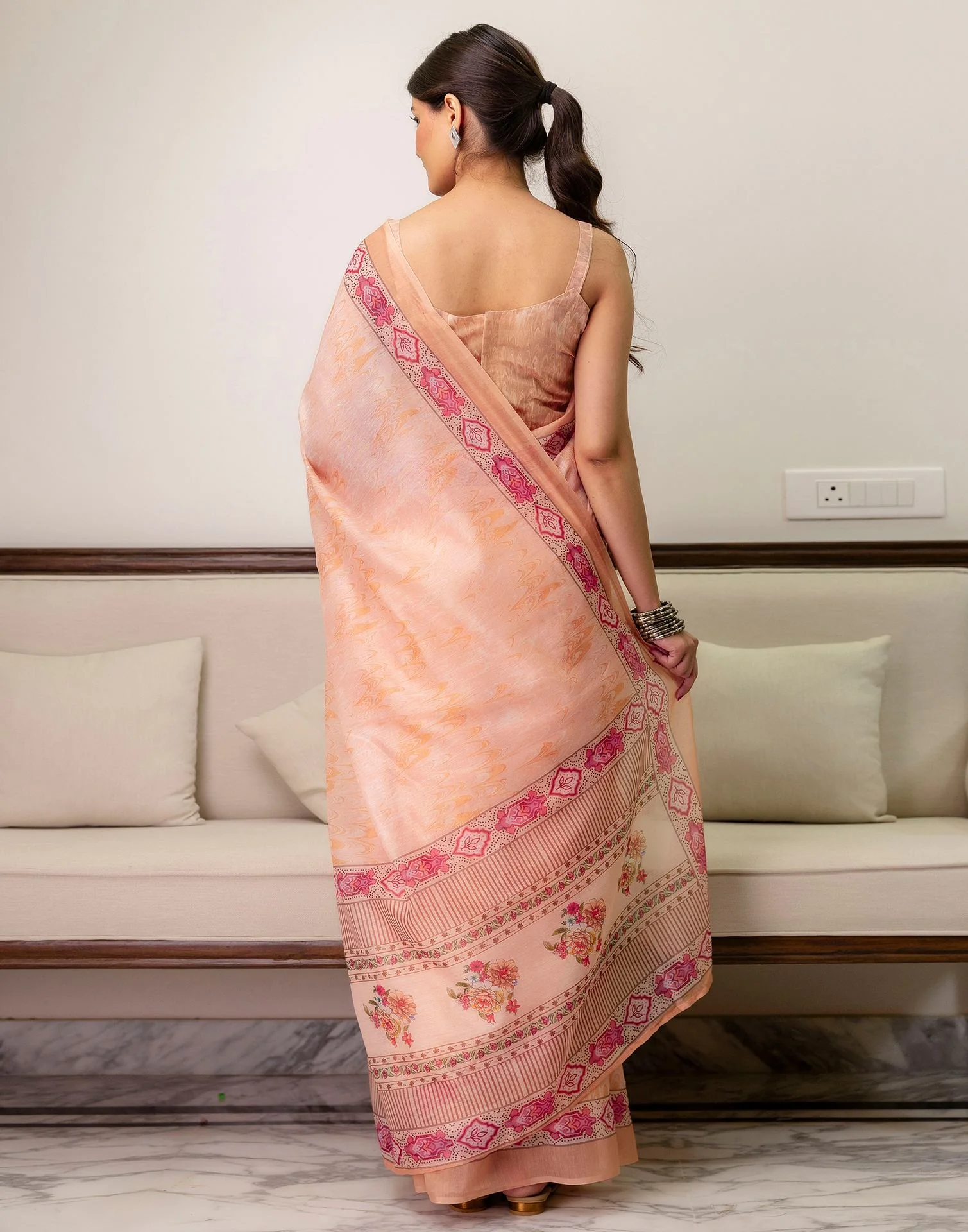 Ready To Wear Peach Linen Printed Saree - Image 8