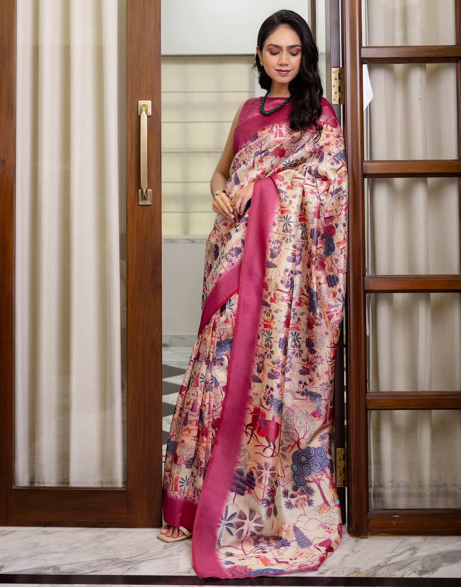 Ready To Wear Peach Silk Madhubani Printed Saree - Image 5