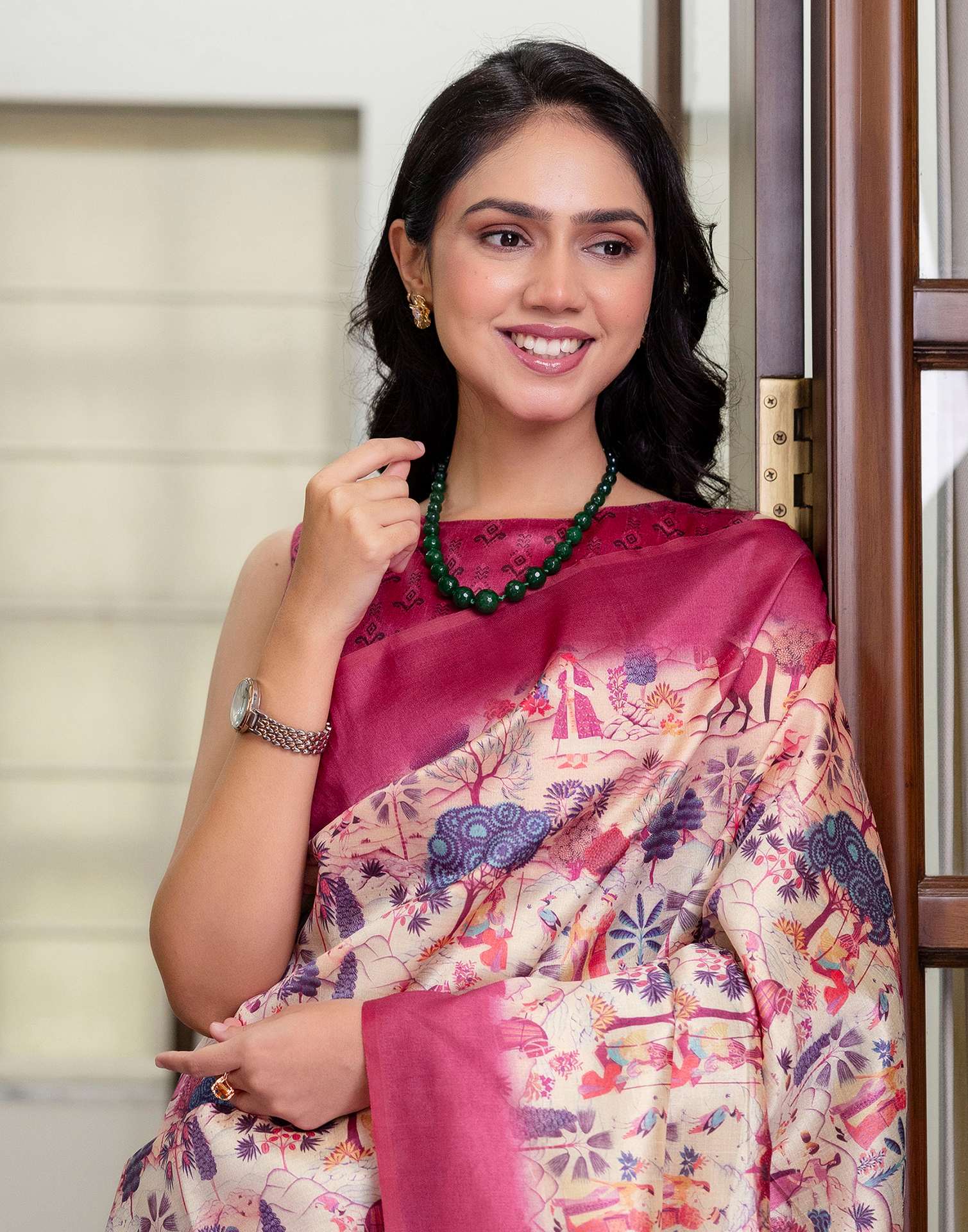 Ready To Wear Peach Silk Madhubani Printed Saree - Image 9