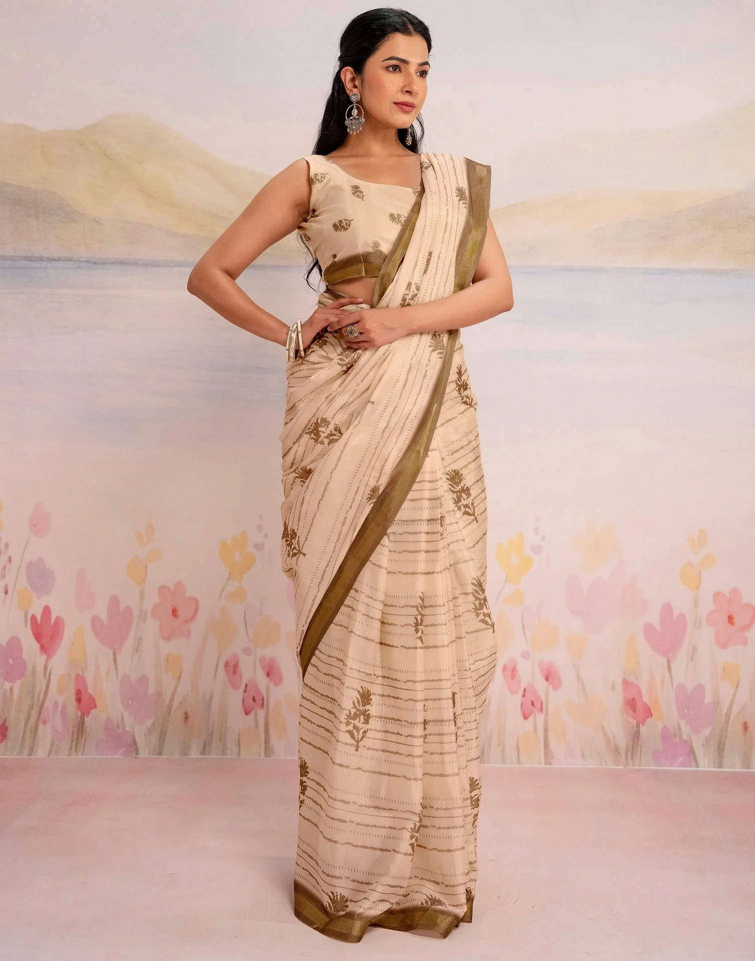 Ready To Wear Peach Silk Printed Saree - Image 10