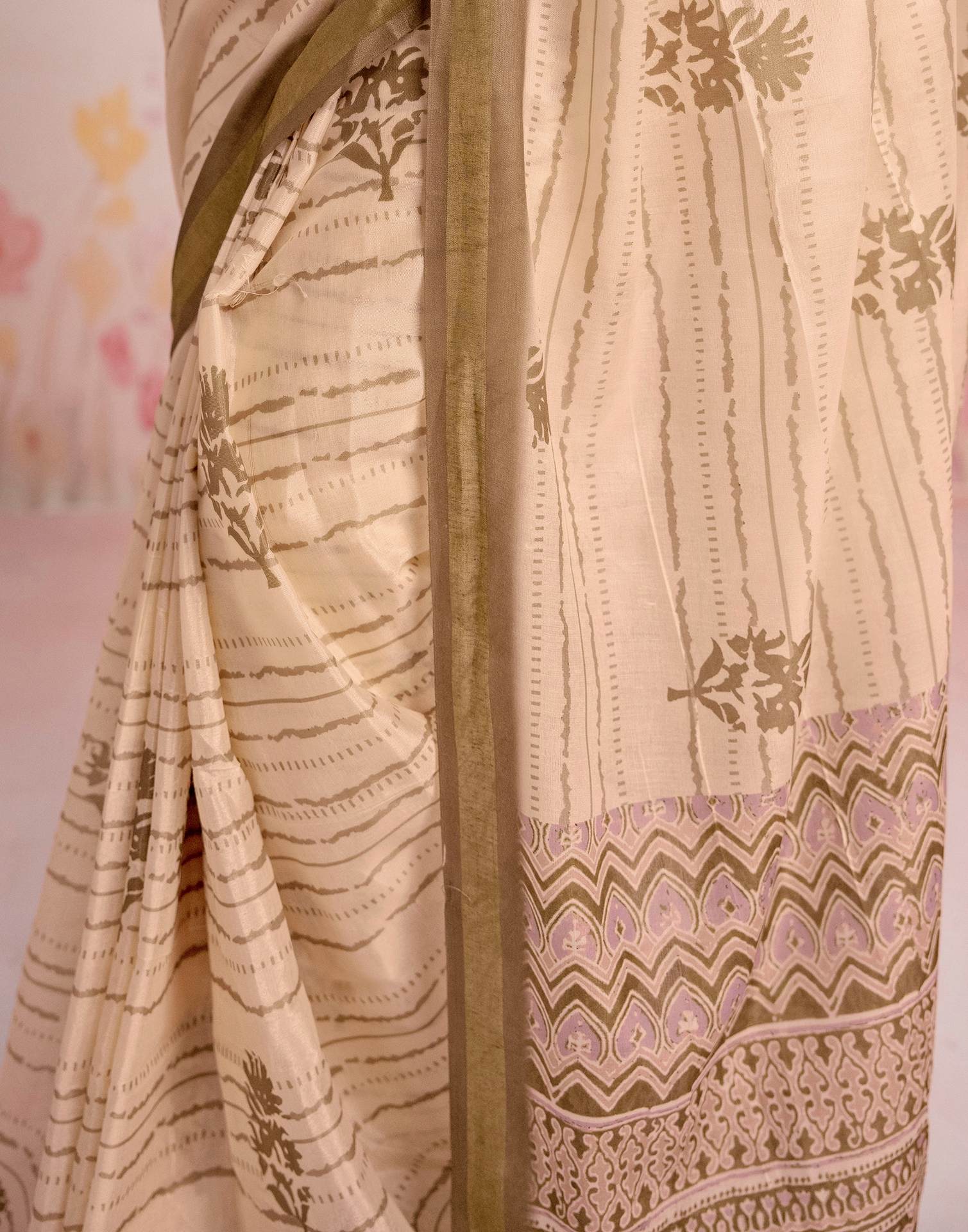 Ready To Wear Peach Silk Printed Saree - Image 11