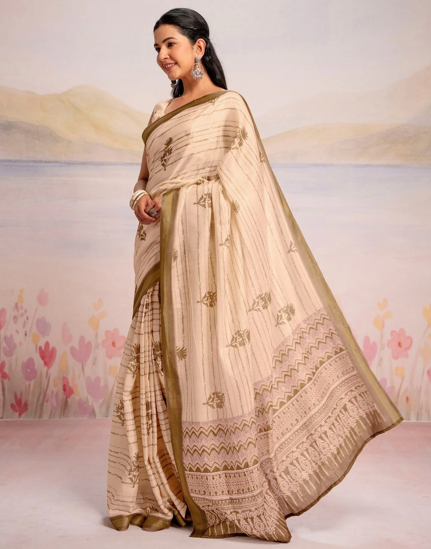 Ready To Wear Peach Silk Printed Saree - Image 6