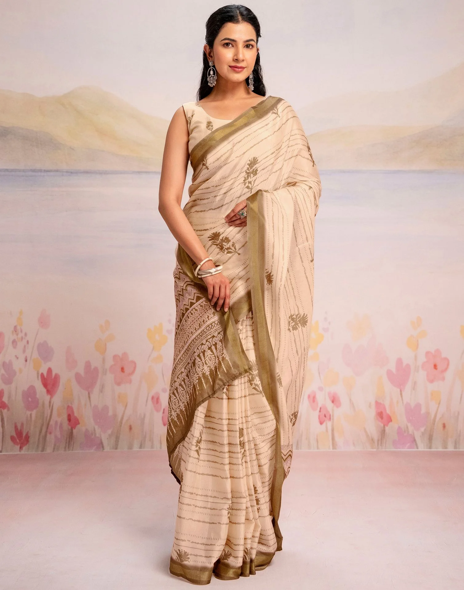 Ready To Wear Peach Silk Printed Saree - Image 7