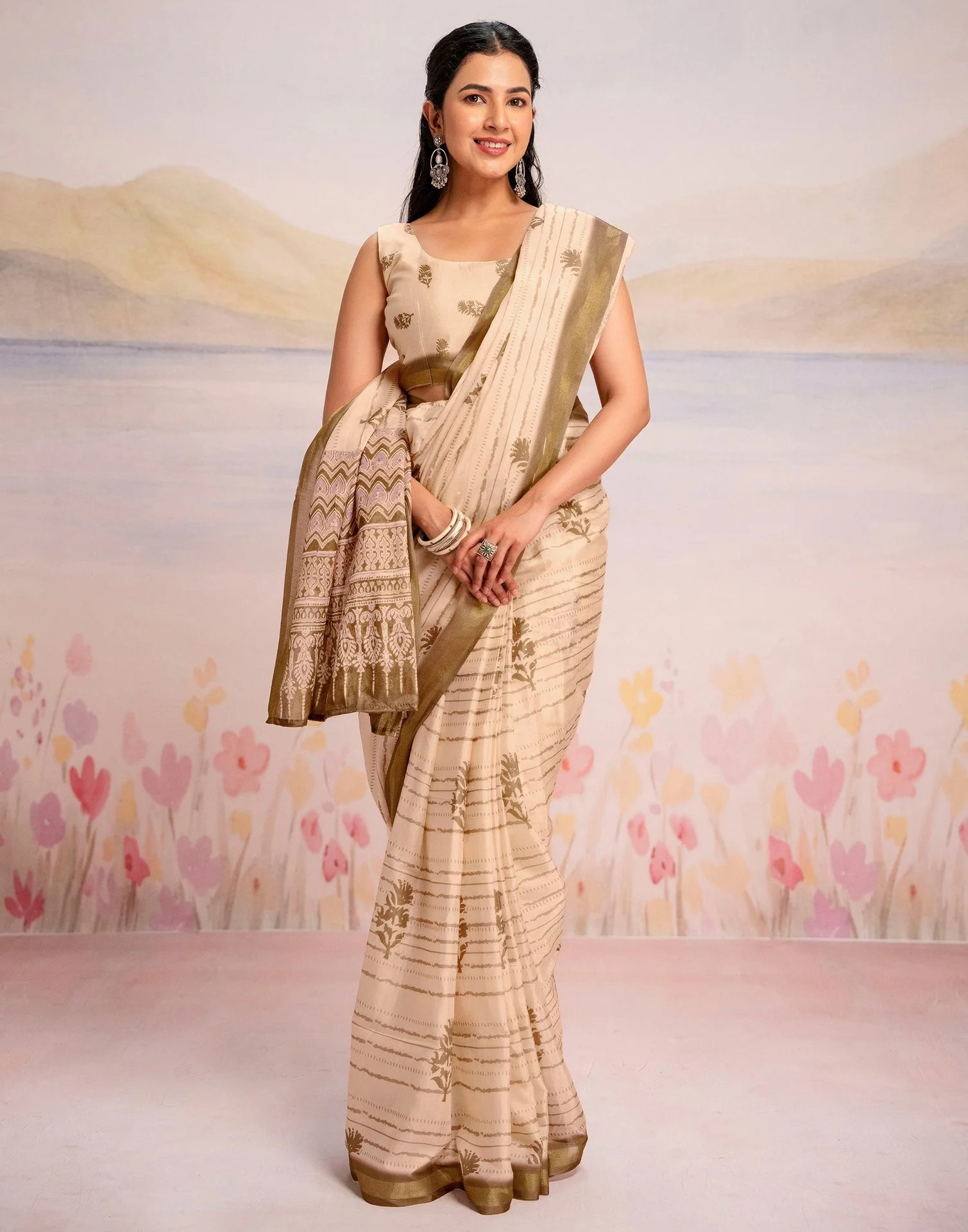 Ready To Wear Peach Silk Printed Saree - Image 9