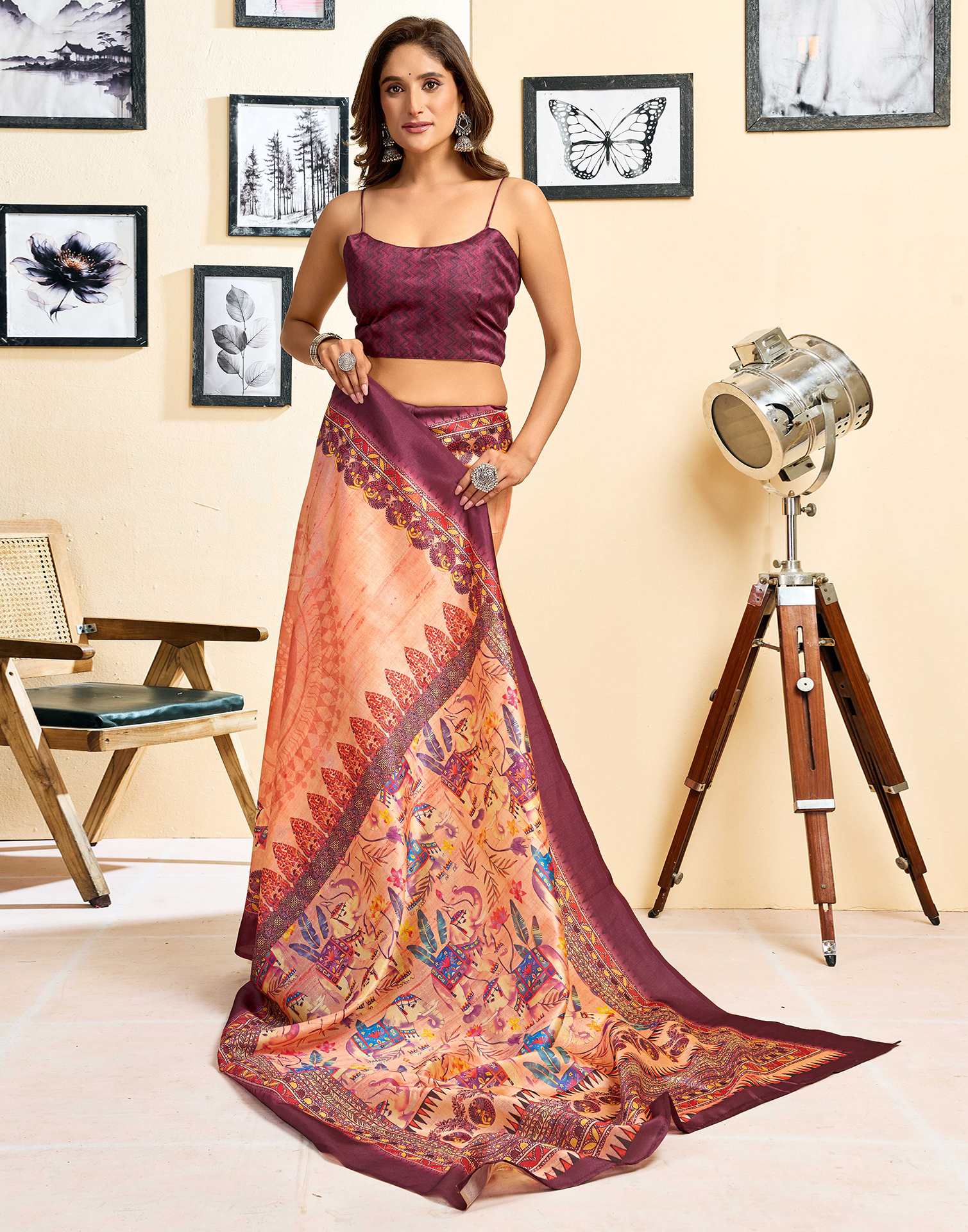 Ready To Wear Peach Silk Printed Saree - Image 2