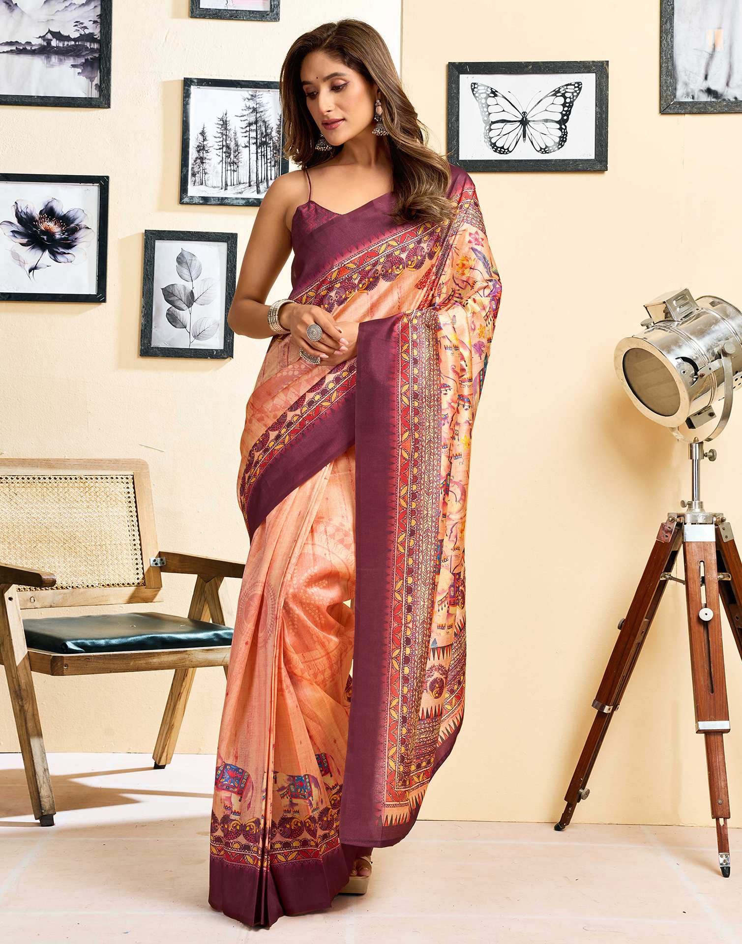 Ready To Wear Peach Silk Printed Saree - Image 5