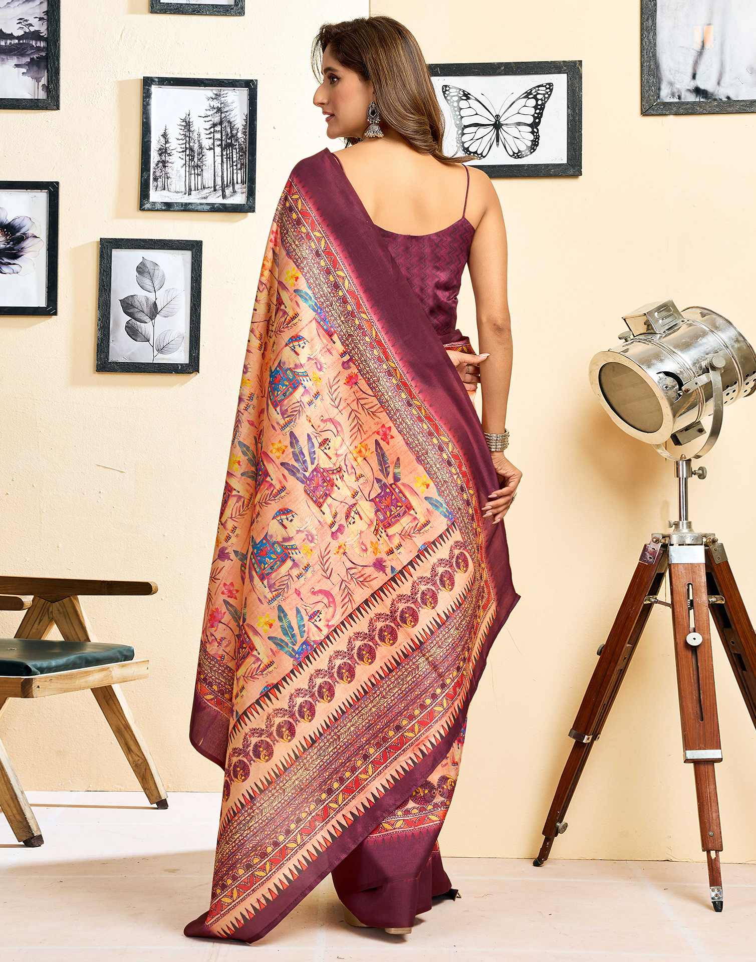 Ready To Wear Peach Silk Printed Saree - Image 8