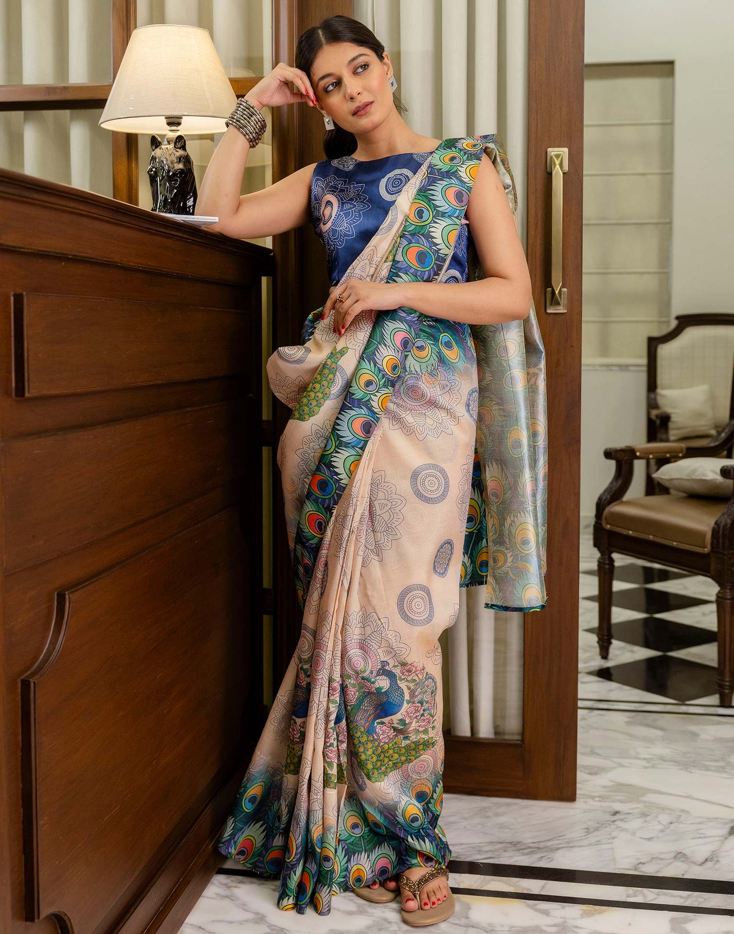 Ready To Wear Peach Silk Printed Saree - Image 8
