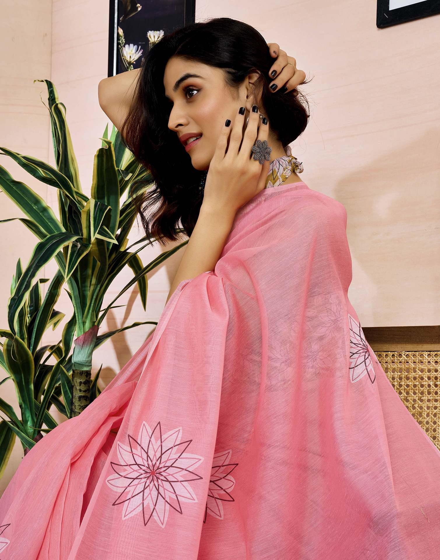 Ready to Wear Pink Chanderi Printed Saree - Image 4