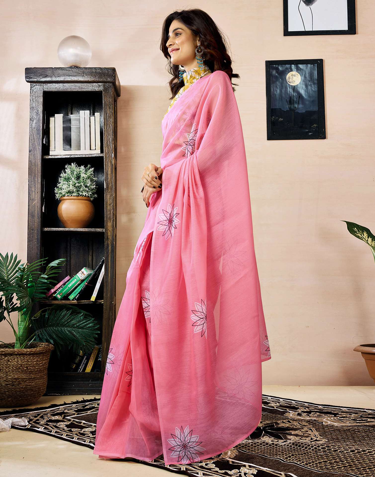 Ready to Wear Pink Chanderi Printed Saree - Image 5
