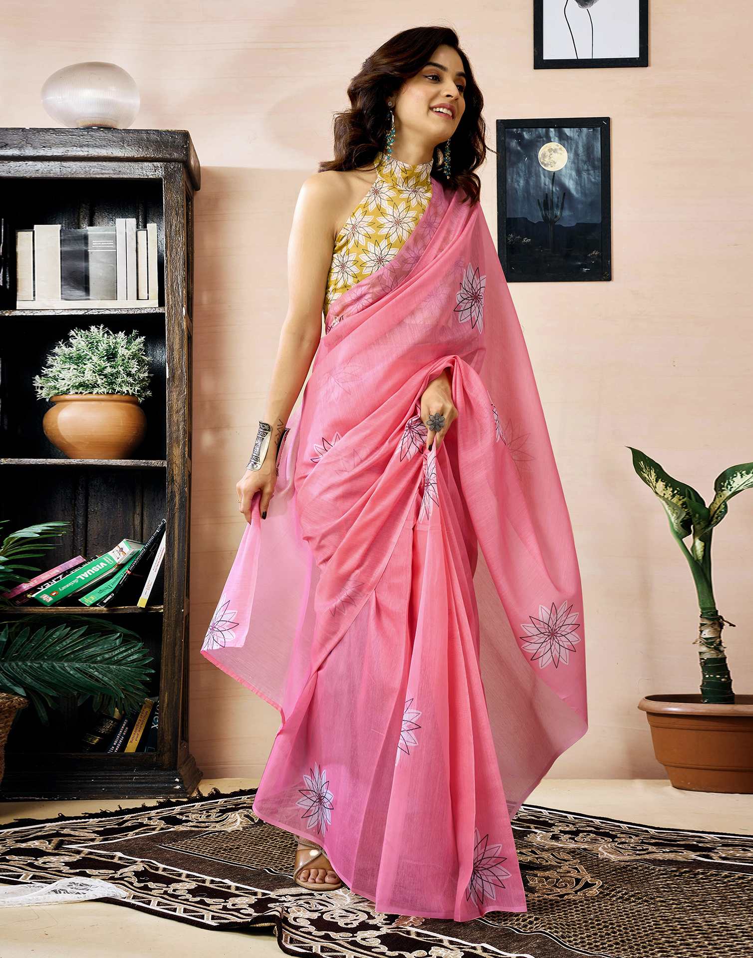 Ready to Wear Pink Chanderi Printed Saree - Image 6
