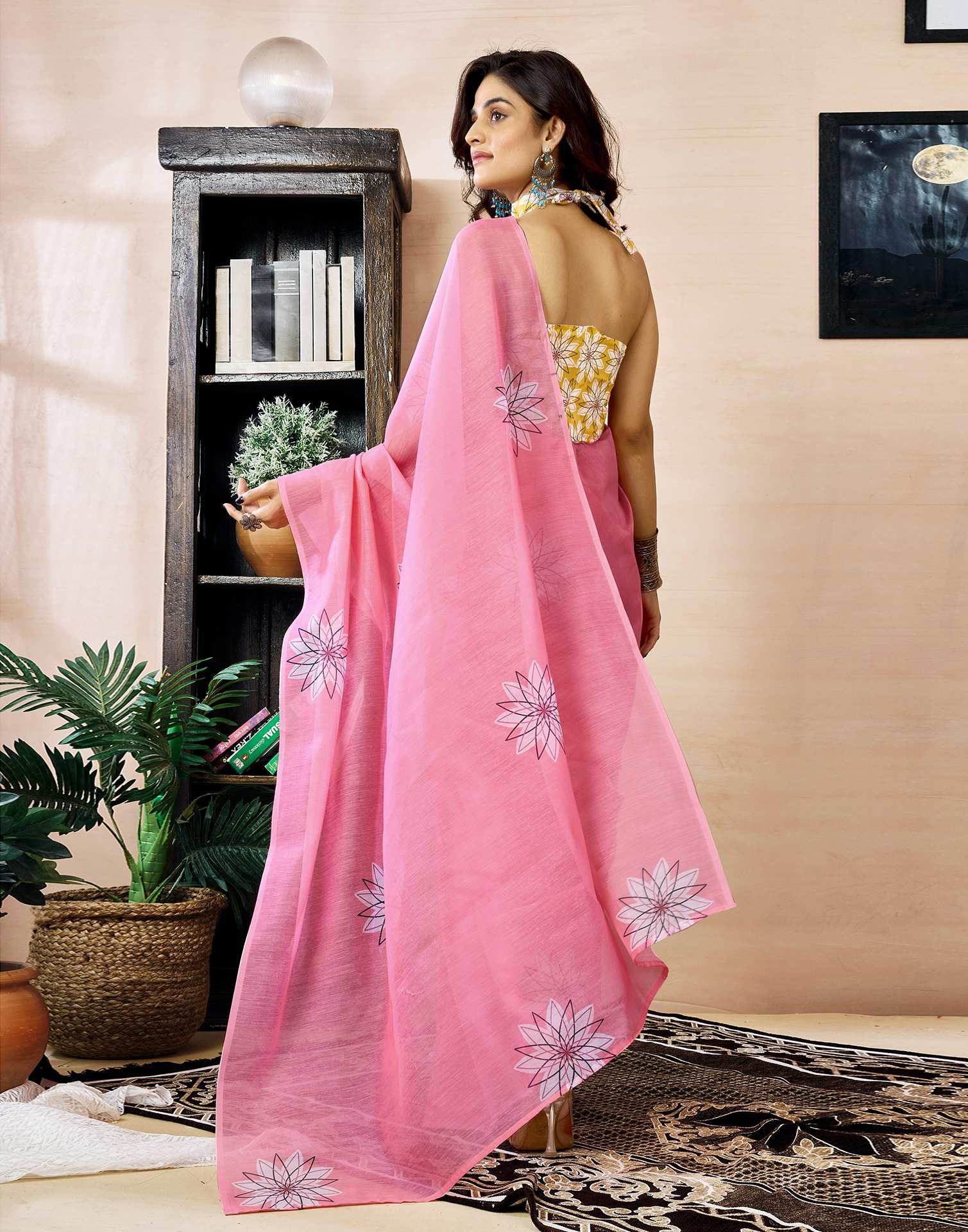 Ready to Wear Pink Chanderi Printed Saree - Image 7