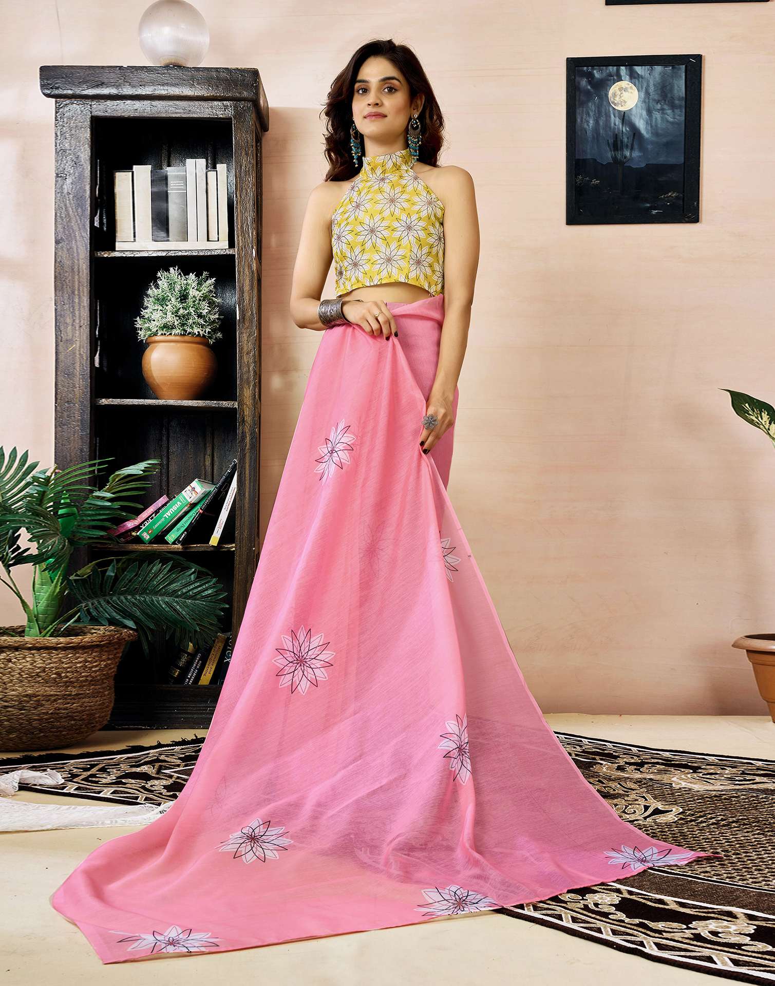 Ready to Wear Pink Chanderi Printed Saree - Image 8