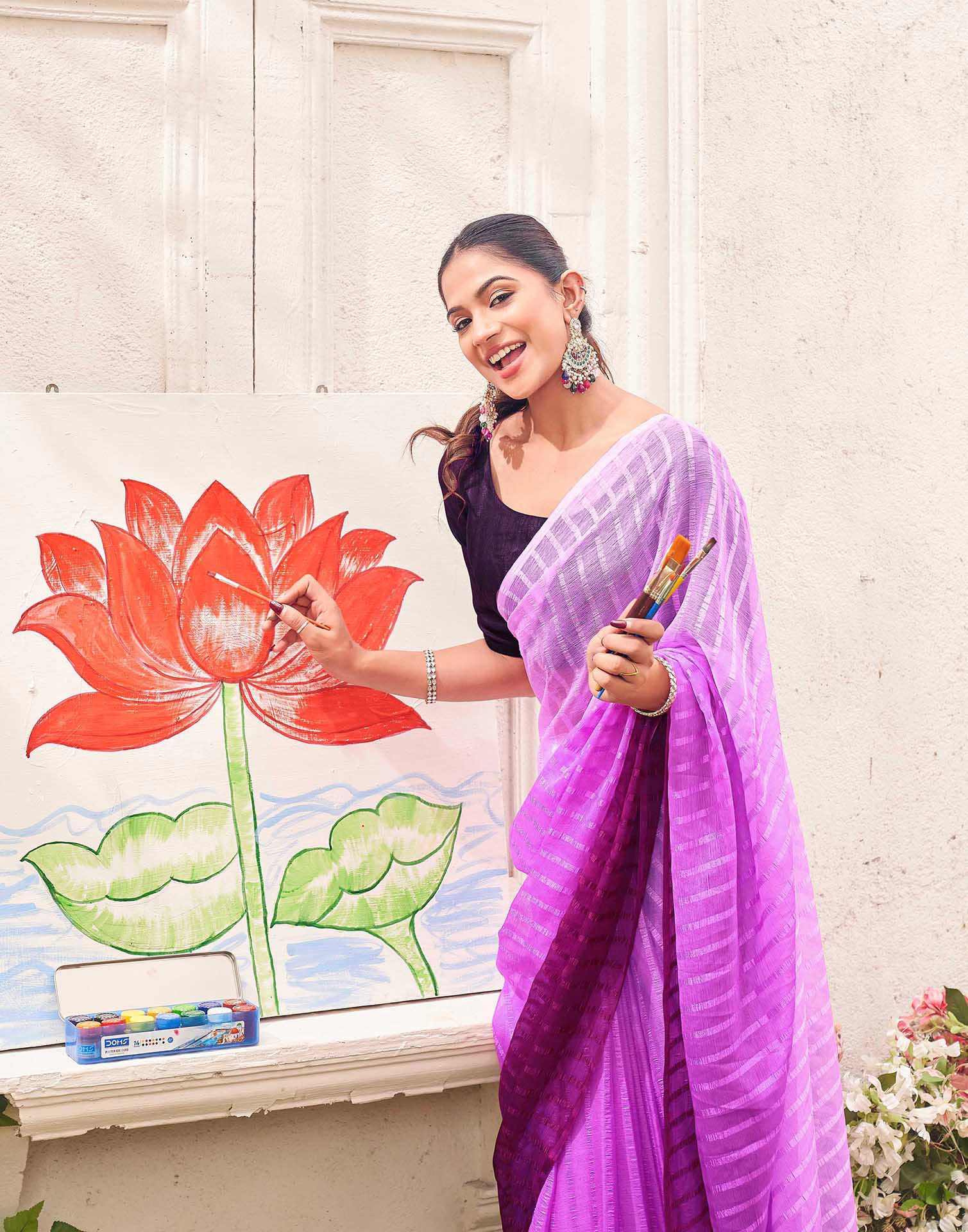 Ready To Wear Pink Chiffon Ombre Zari Stripe Saree  - Image 2