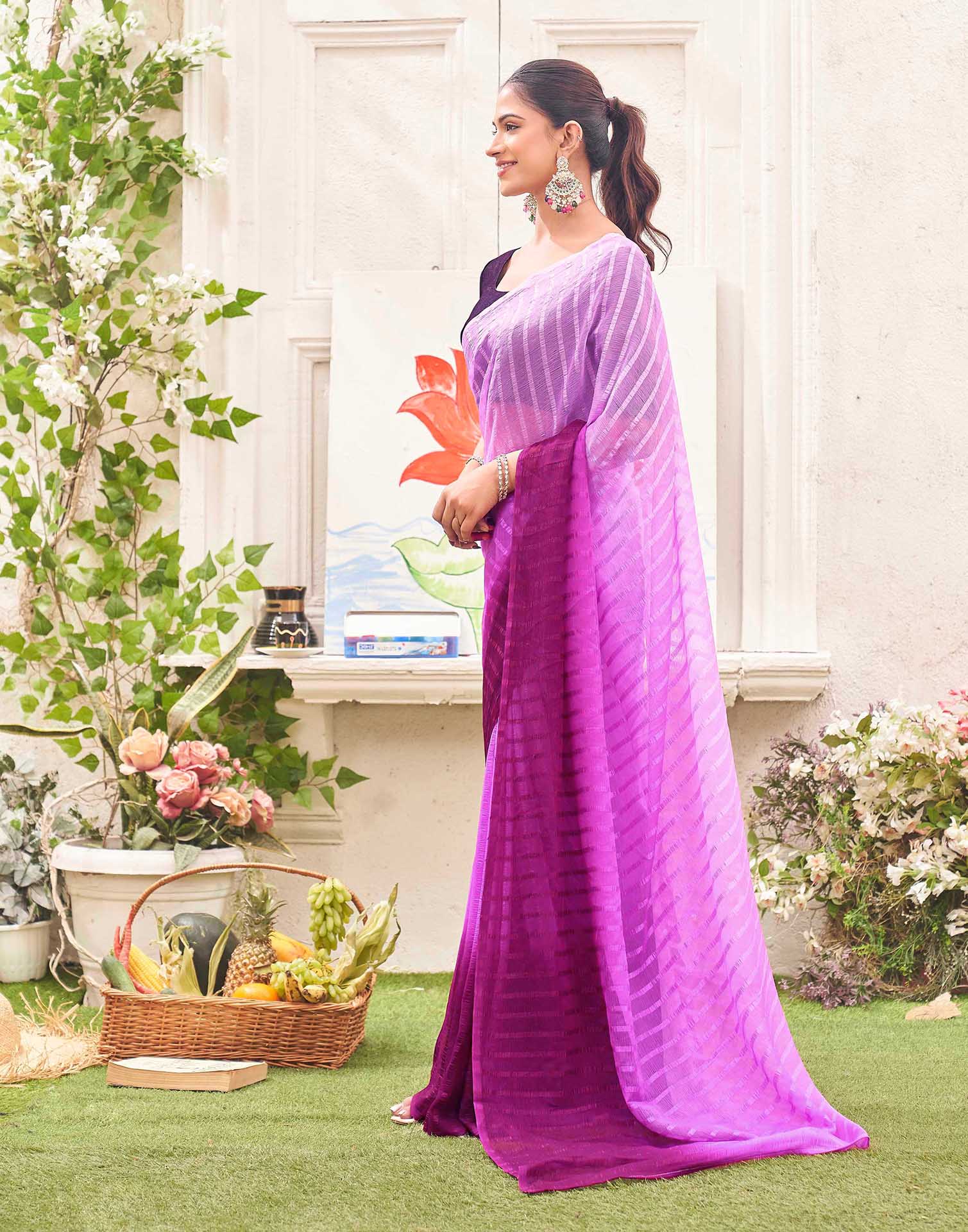 Ready To Wear Pink Chiffon Ombre Zari Stripe Saree  - Image 5