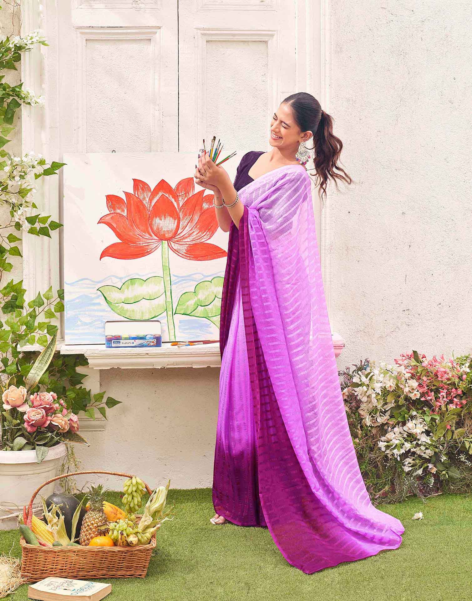 Ready To Wear Pink Chiffon Ombre Zari Stripe Saree  - Image 6