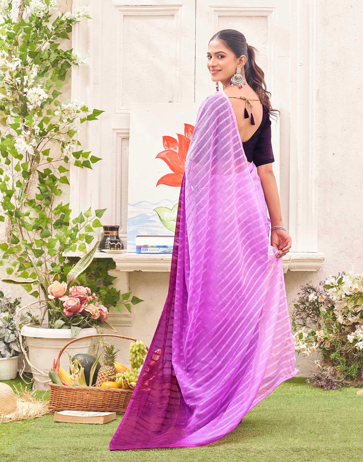 Ready To Wear Pink Chiffon Ombre Zari Stripe Saree  - Image 7