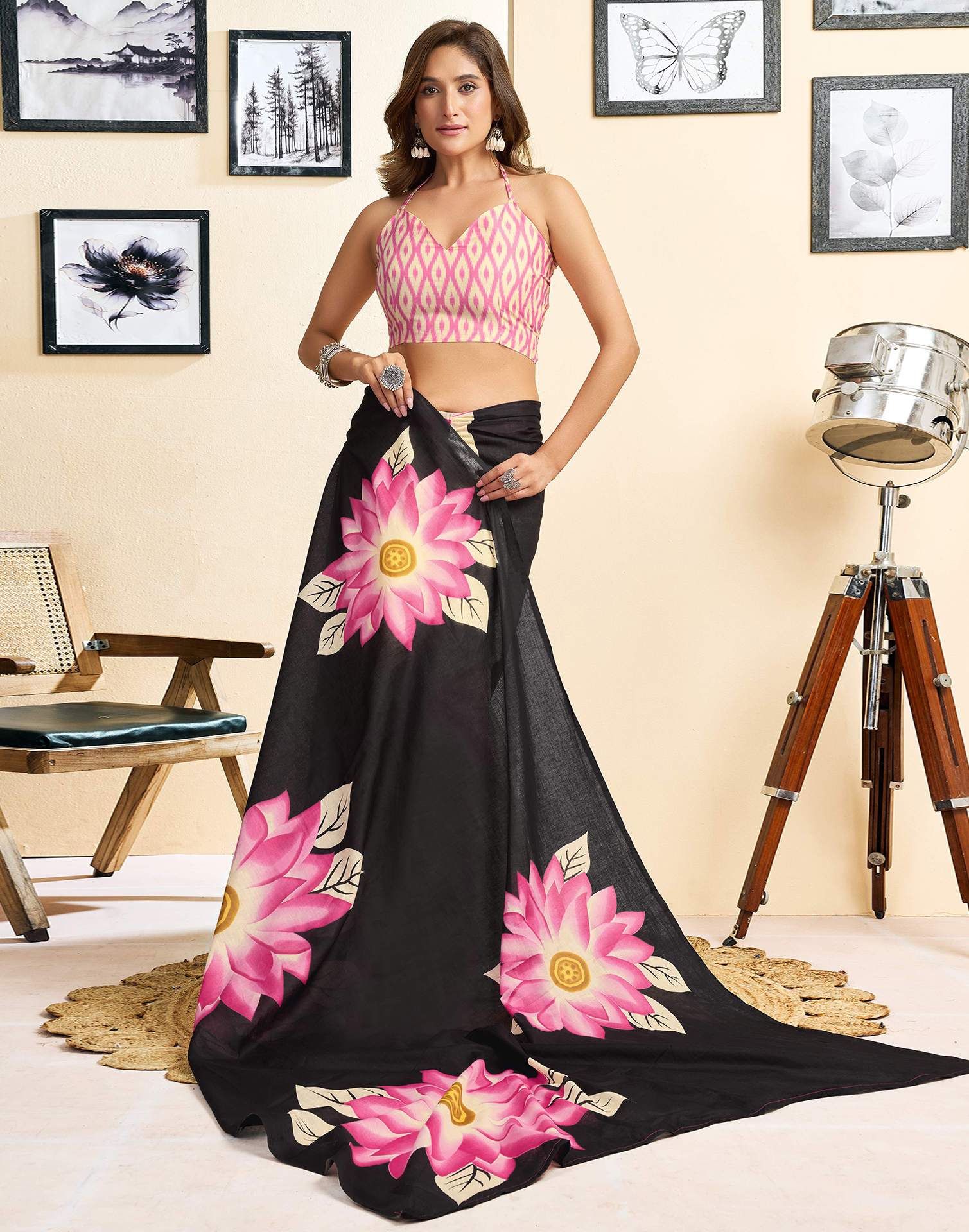 Ready To Wear Pink Cotton Floral Printed Saree With Pocket - Image 10