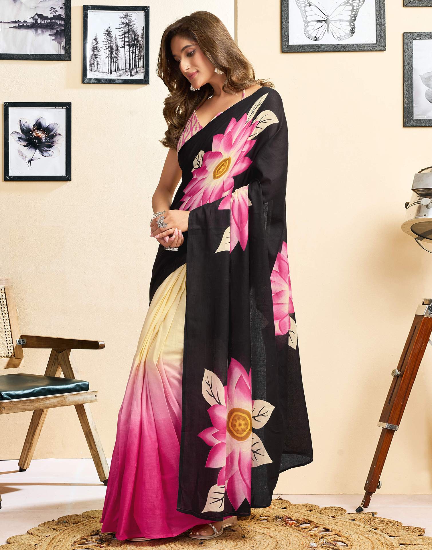 Ready To Wear Pink Cotton Floral Printed Saree With Pocket - Image 7