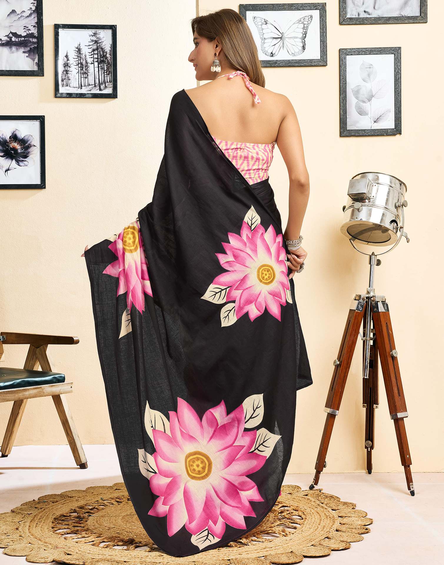 Ready To Wear Pink Cotton Floral Printed Saree With Pocket - Image 9