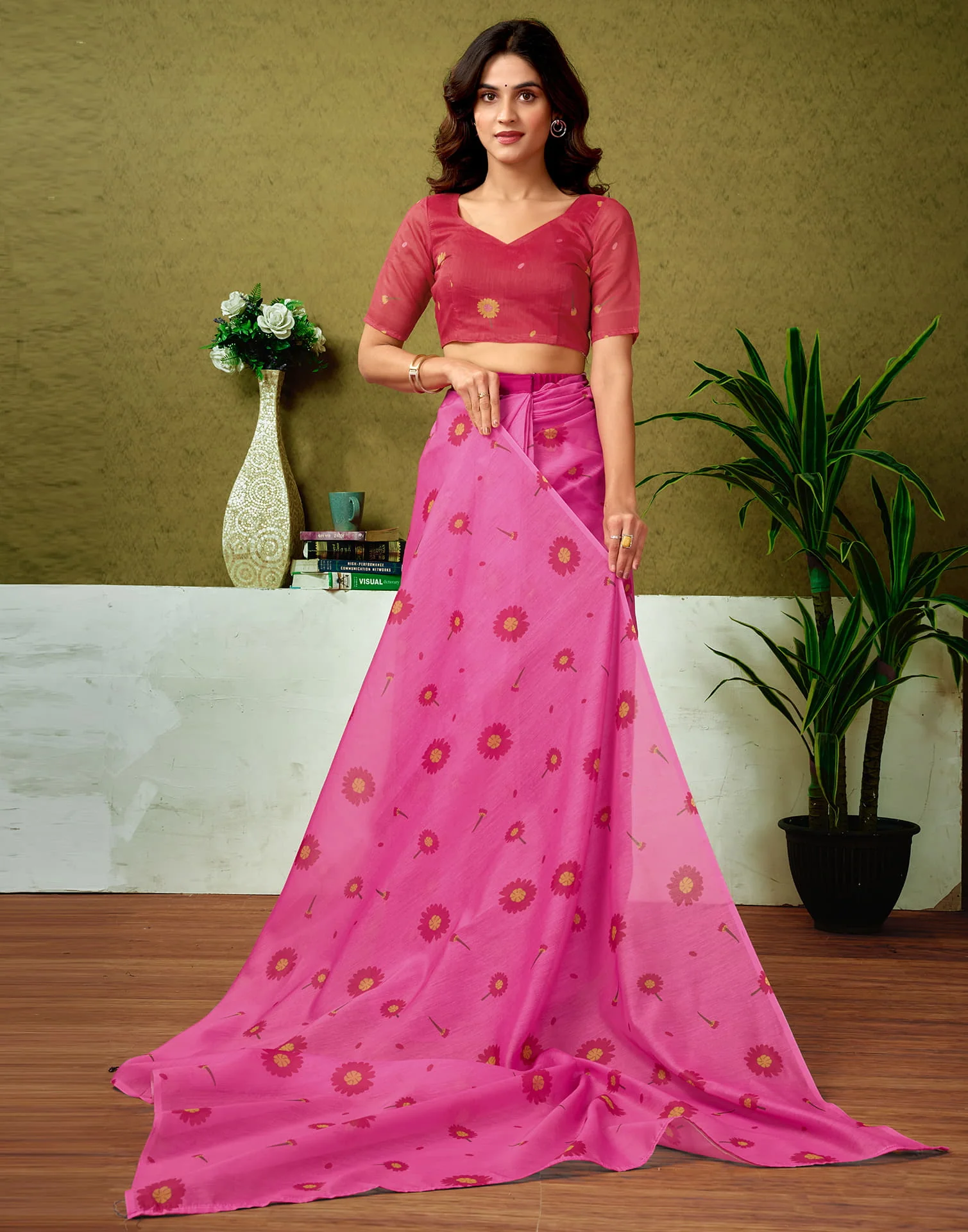 Ready To Wear Pink Cotton Printed Saree - Image 6