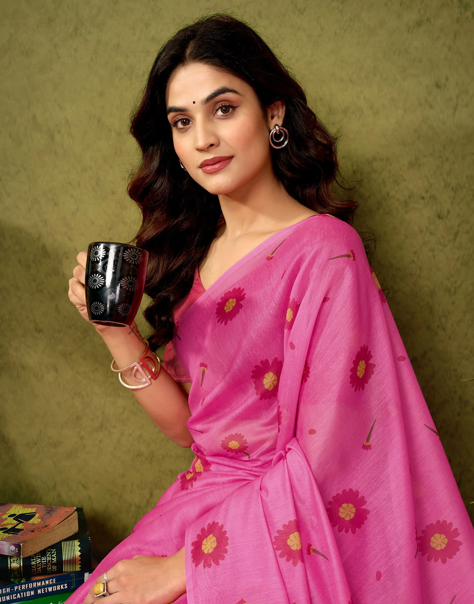 Ready To Wear Pink Cotton Printed Saree - Image 8