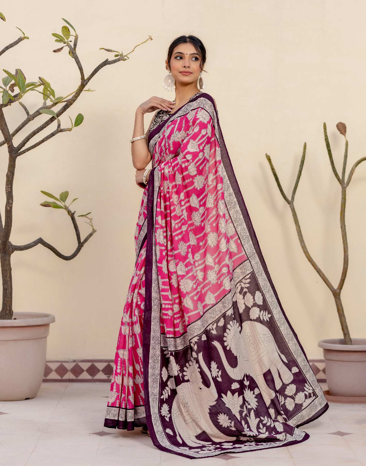 Ready To Wear Pink Cotton Printed Saree - Image 6