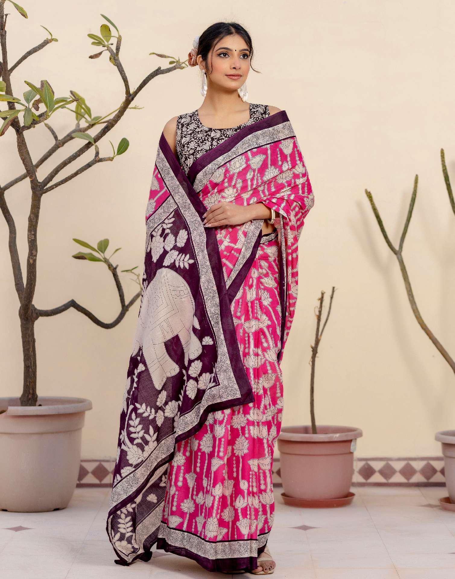 Ready To Wear Pink Cotton Printed Saree - Image 7