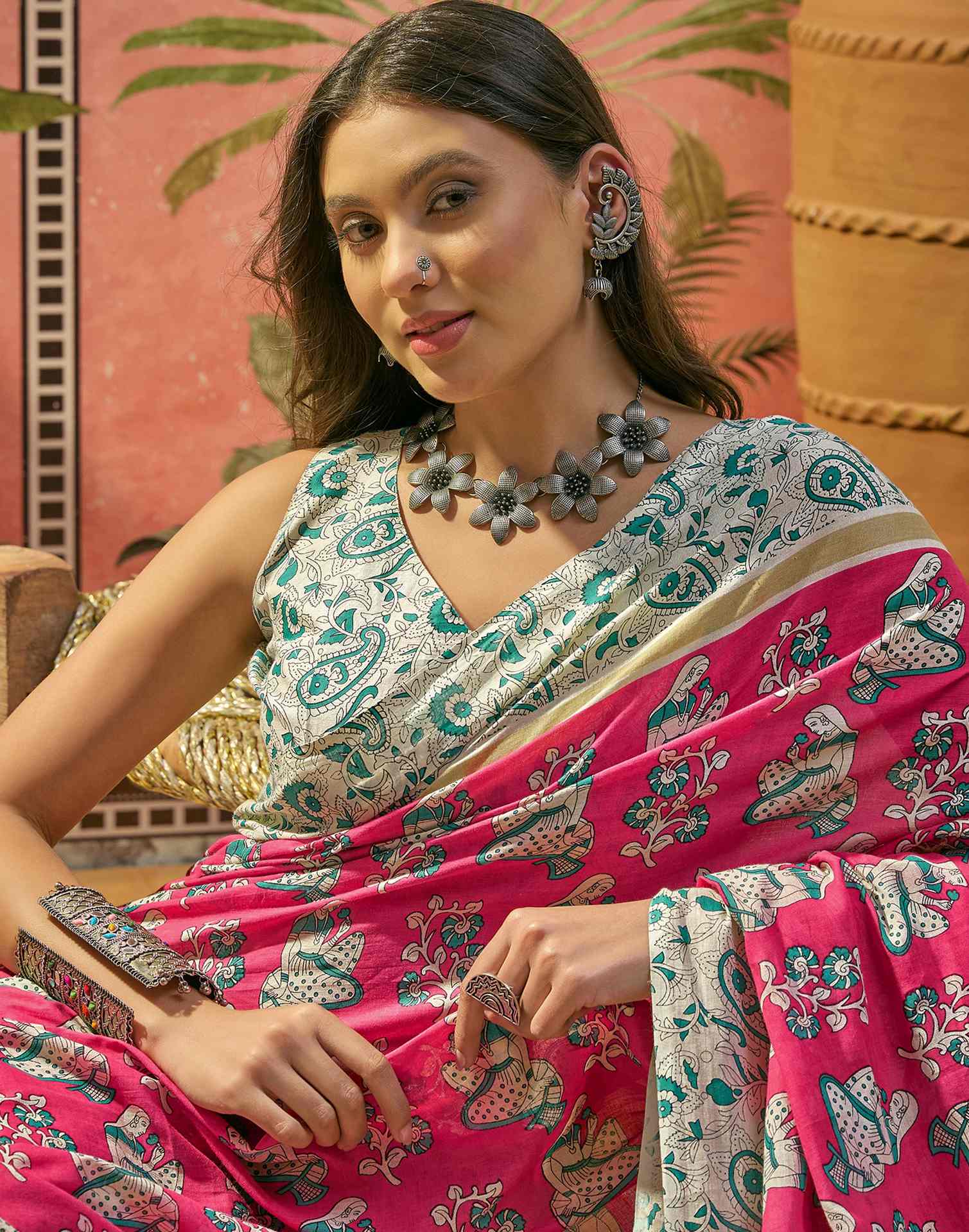 Ready To Wear Pink Cotton Printed Saree - Image 2