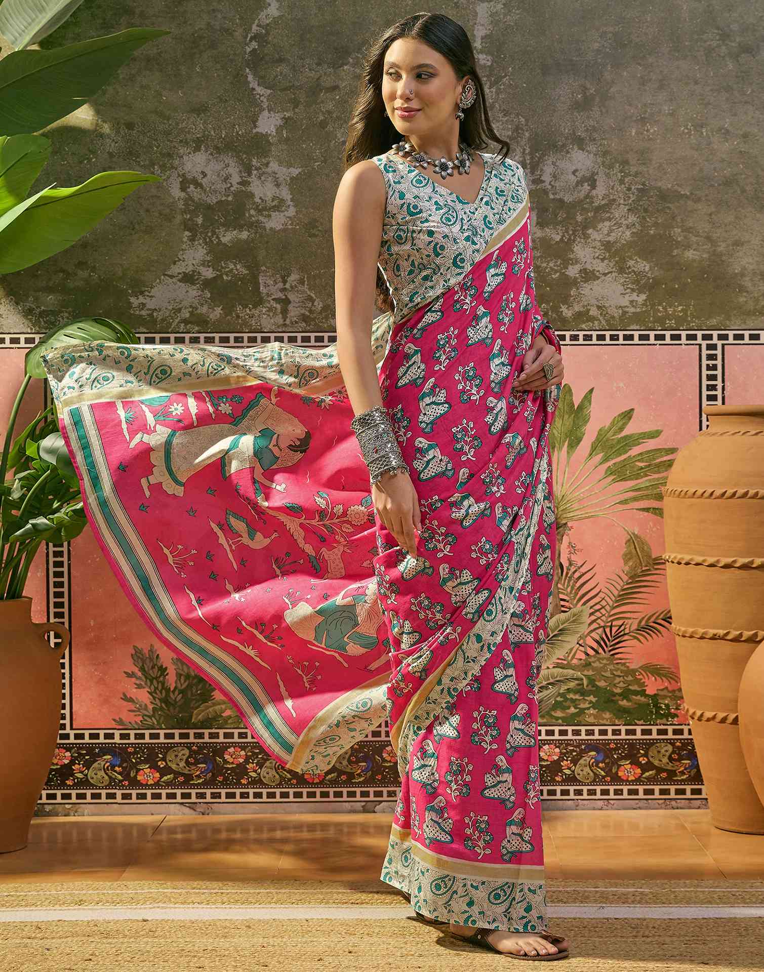 Ready To Wear Pink Cotton Printed Saree - Image 5