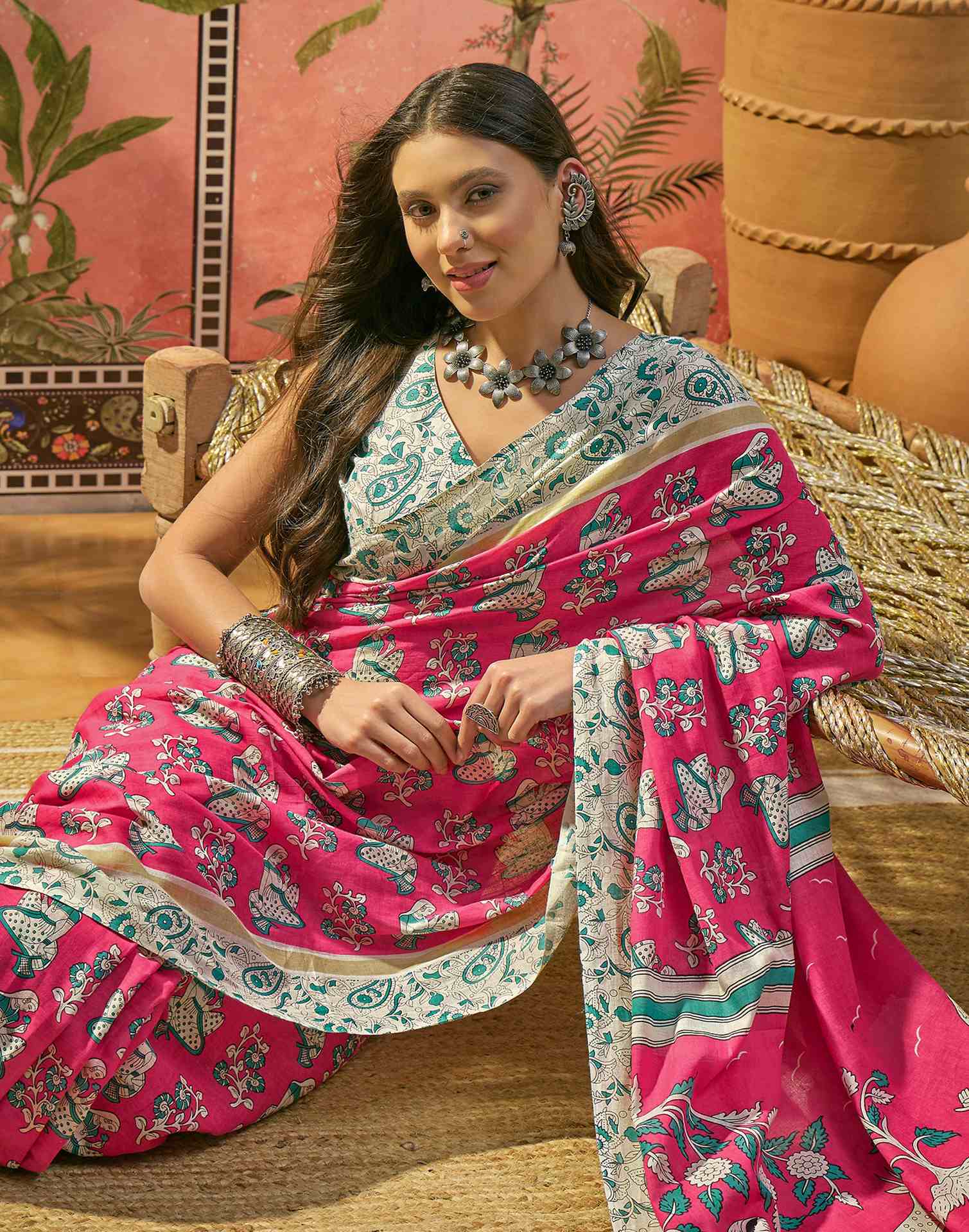 Ready To Wear Pink Cotton Printed Saree - Image 7