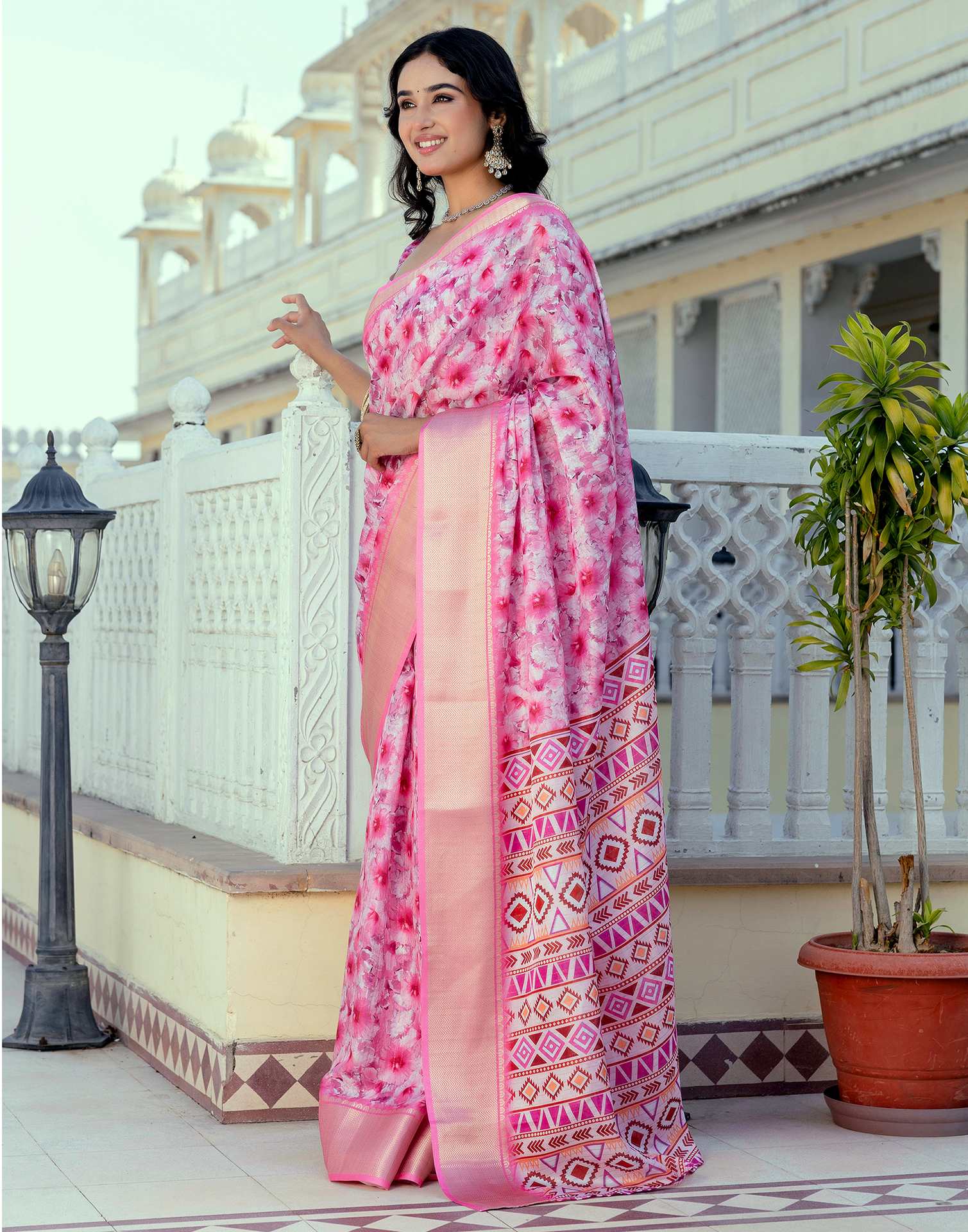 Ready To Wear Pink Dola Silk Woven Border Printed Saree - Image 6