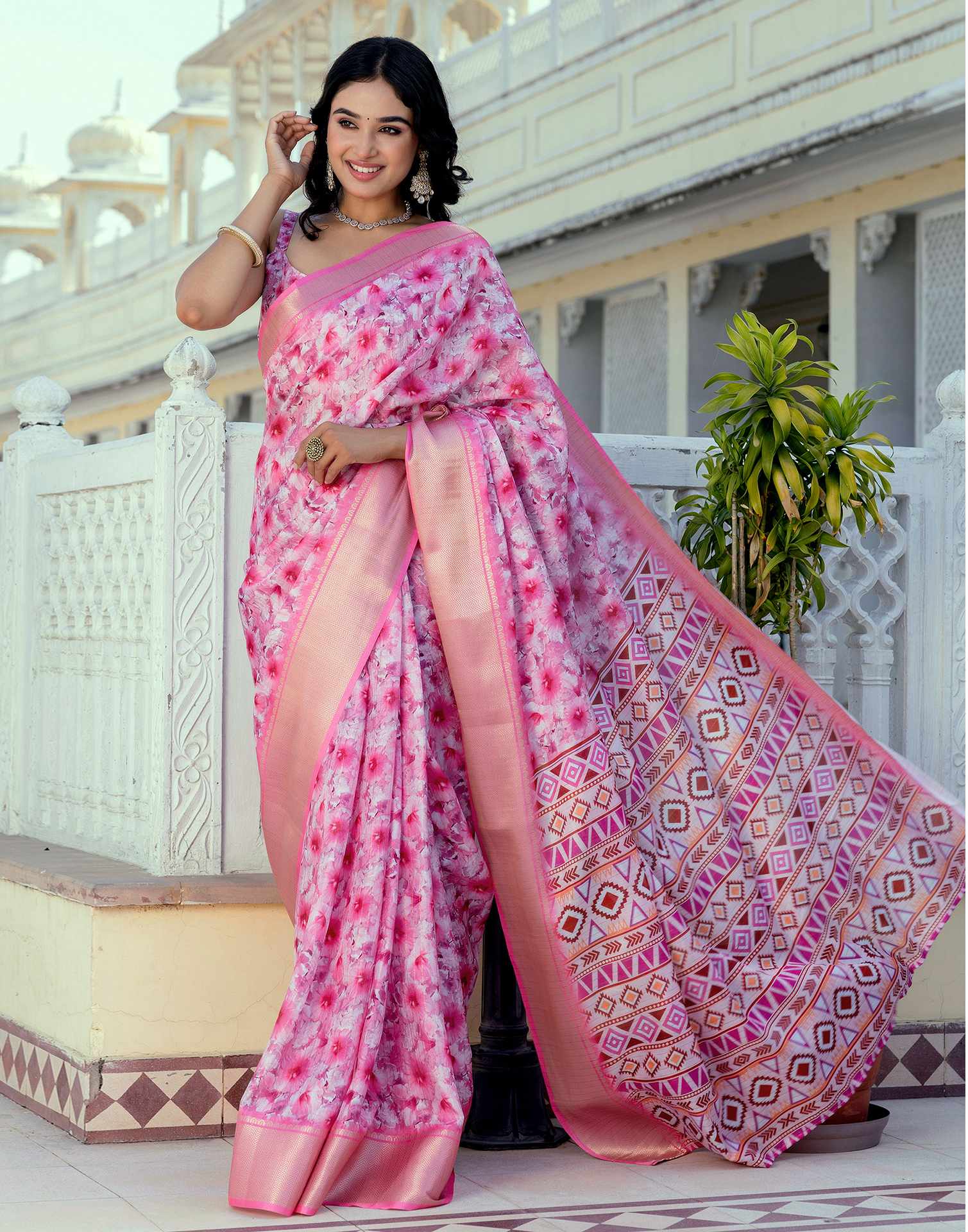 Ready To Wear Pink Dola Silk Woven Border Printed Saree - Image 8