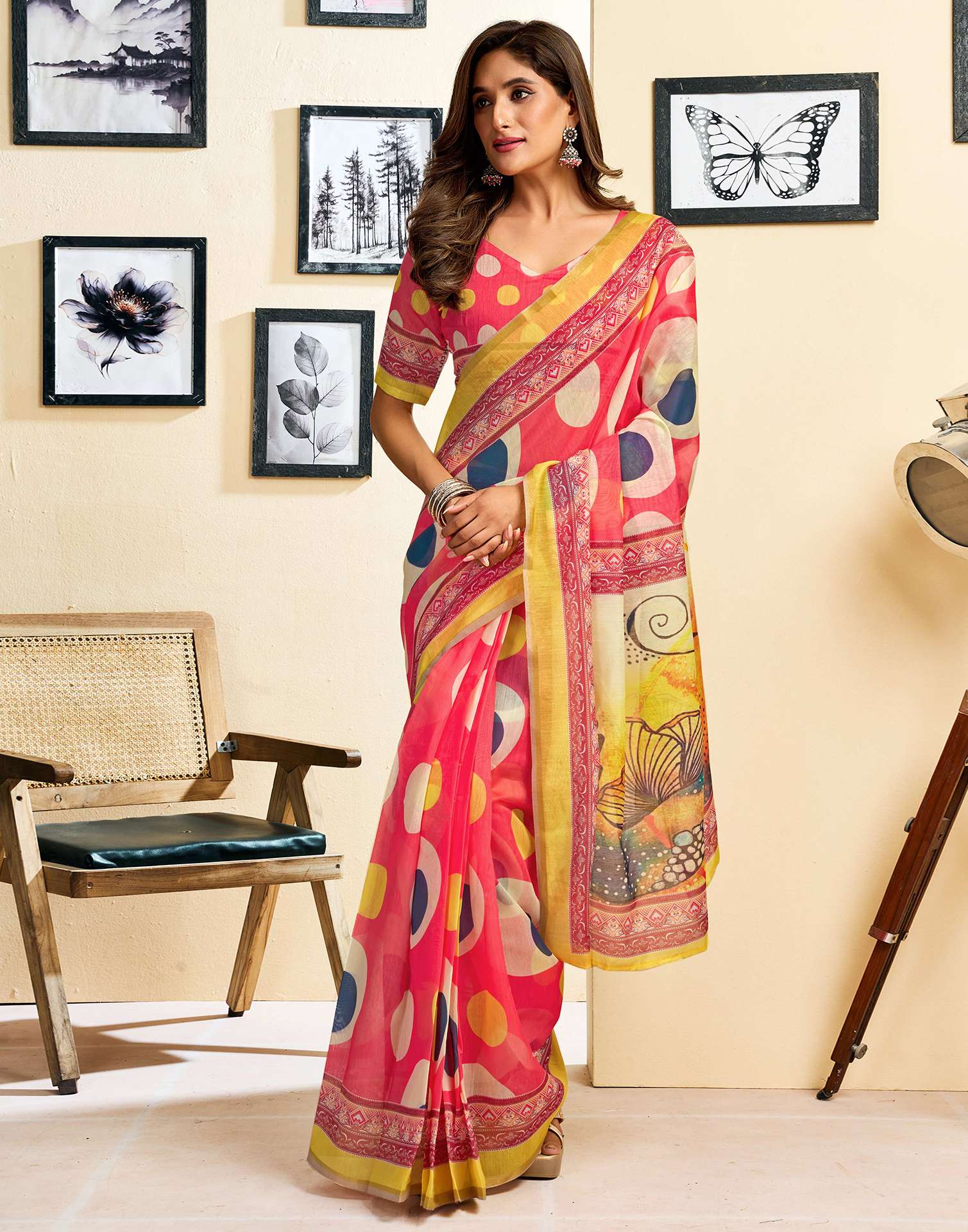 Ready To Wear Pink Linen Printed Saree - Image 5