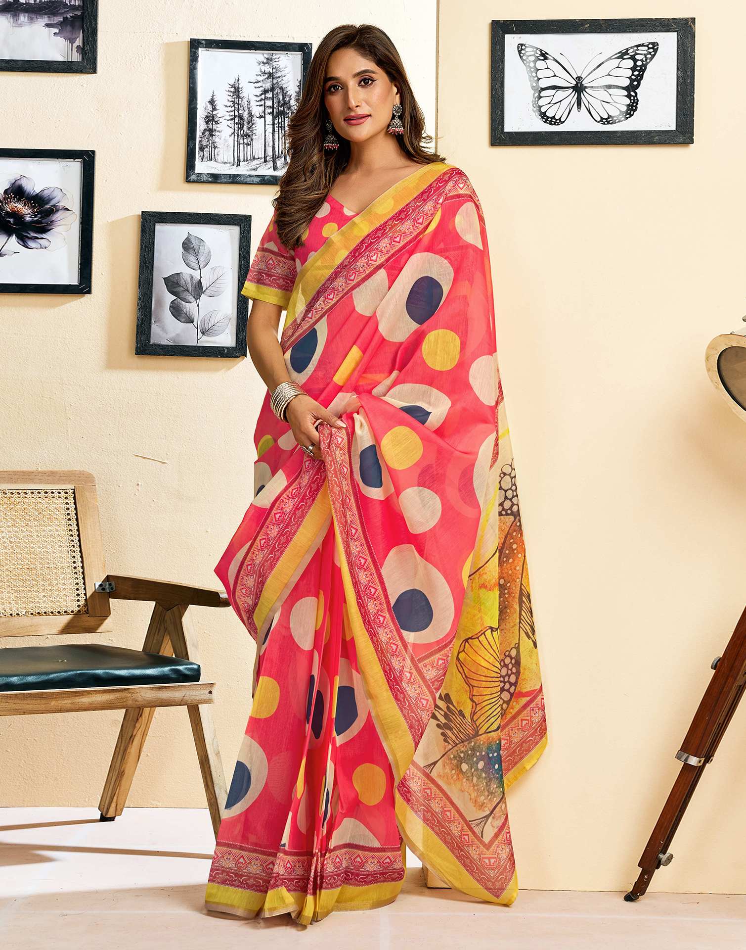 Ready To Wear Pink Linen Printed Saree - Image 7