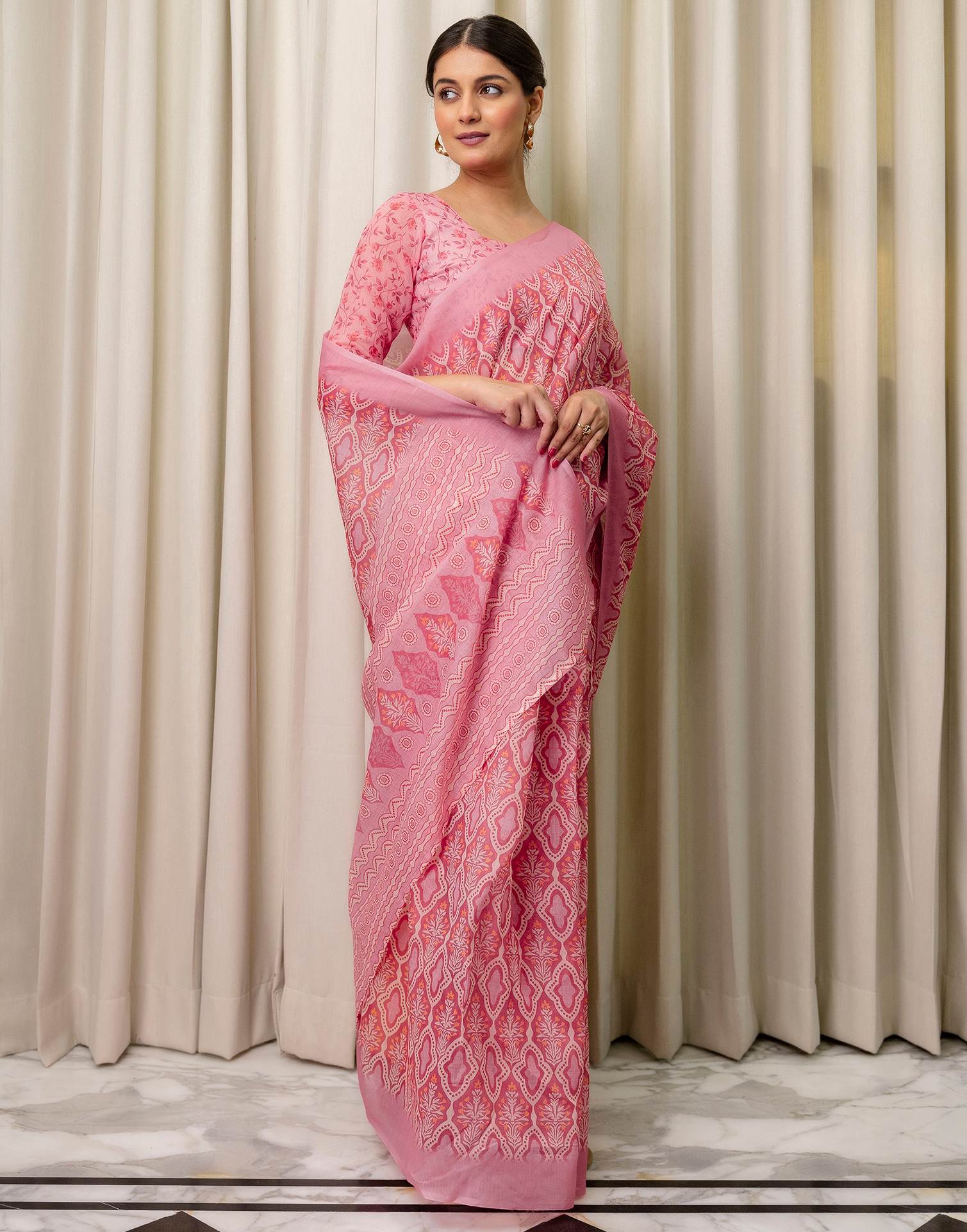 Ready To Wear Pink Linen Printed Saree - Image 7