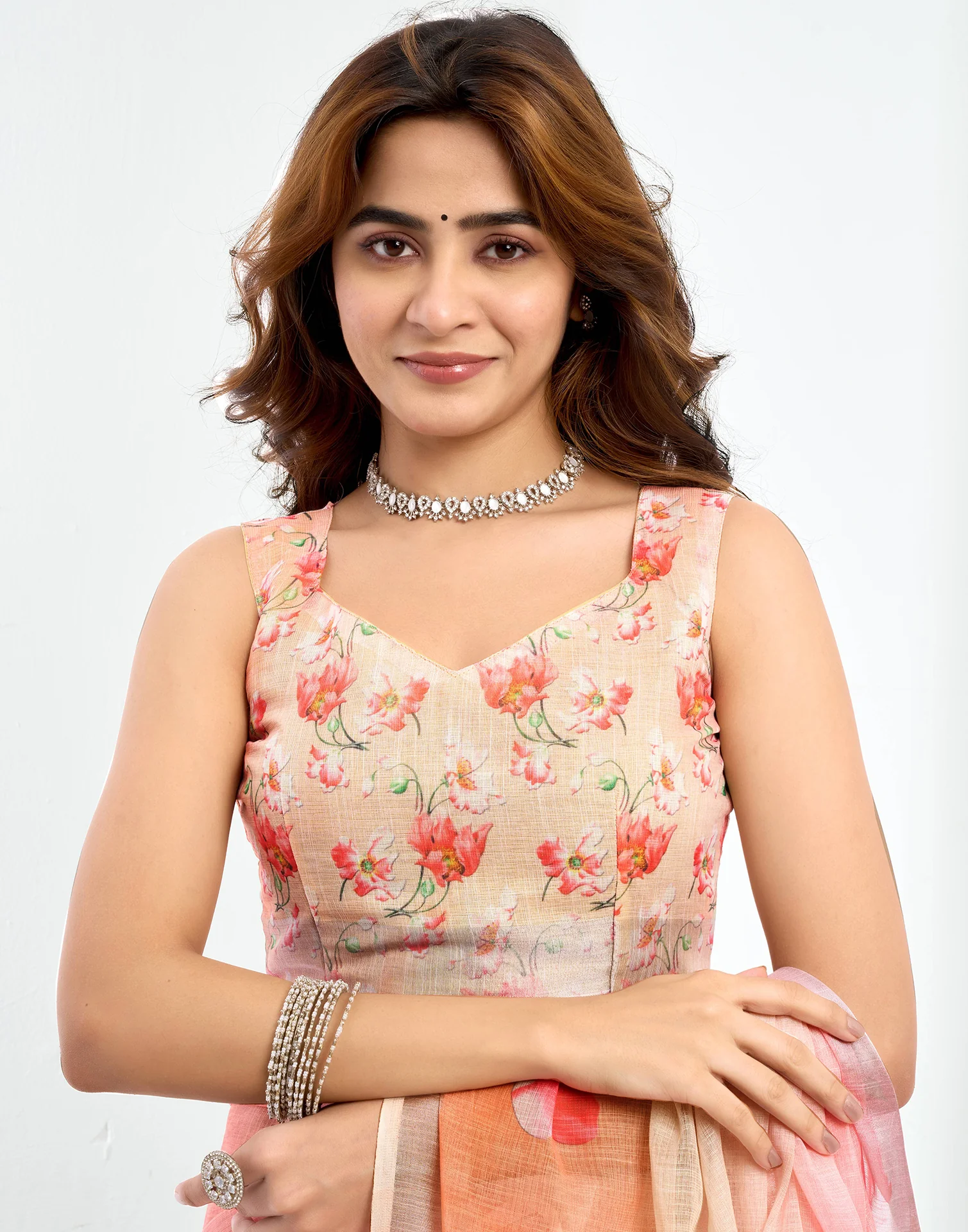 Ready To Wear Pink Linen Floral Printed Saree - Image 10