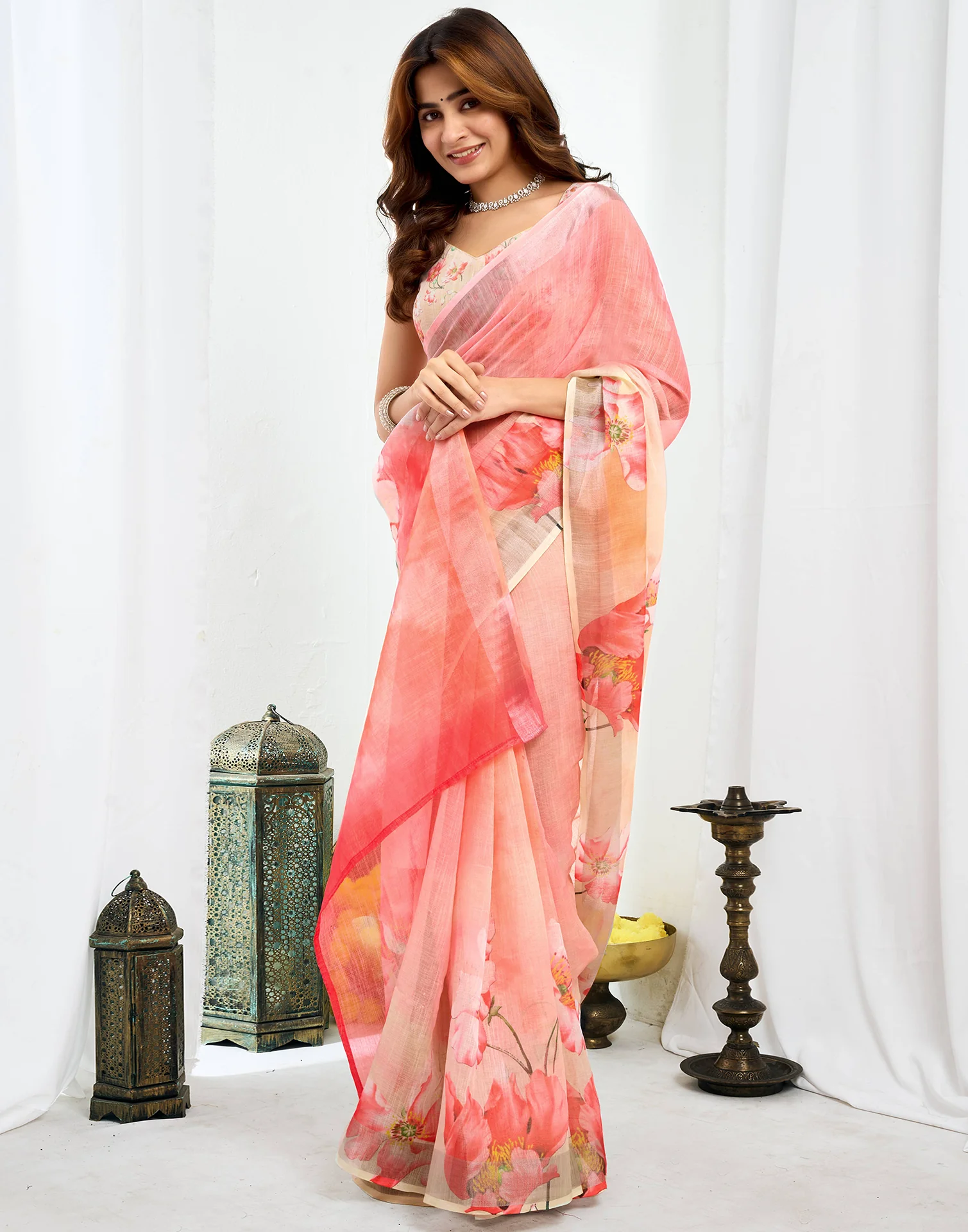 Ready To Wear Pink Linen Floral Printed Saree - Image 6