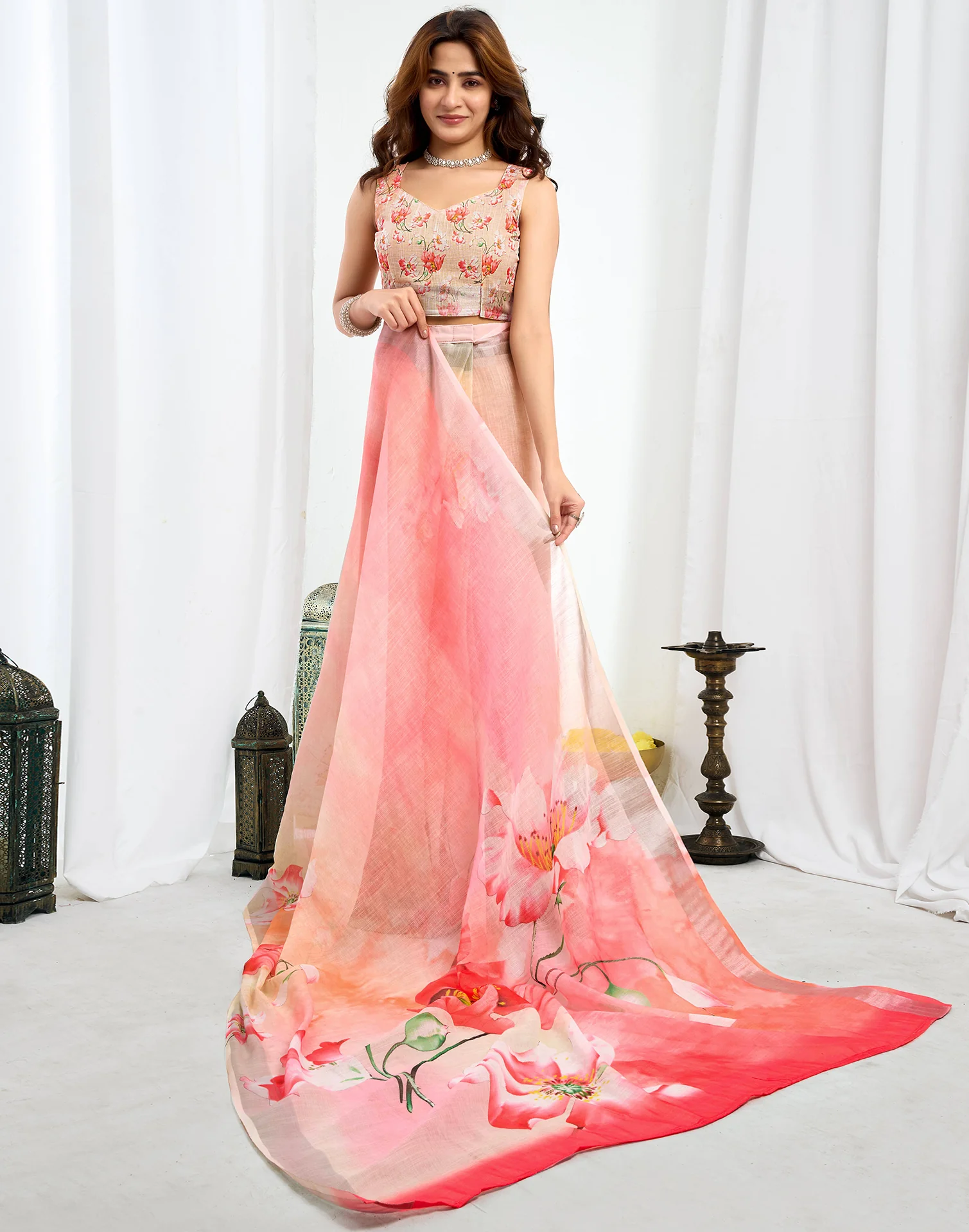 Ready To Wear Pink Linen Floral Printed Saree - Image 7