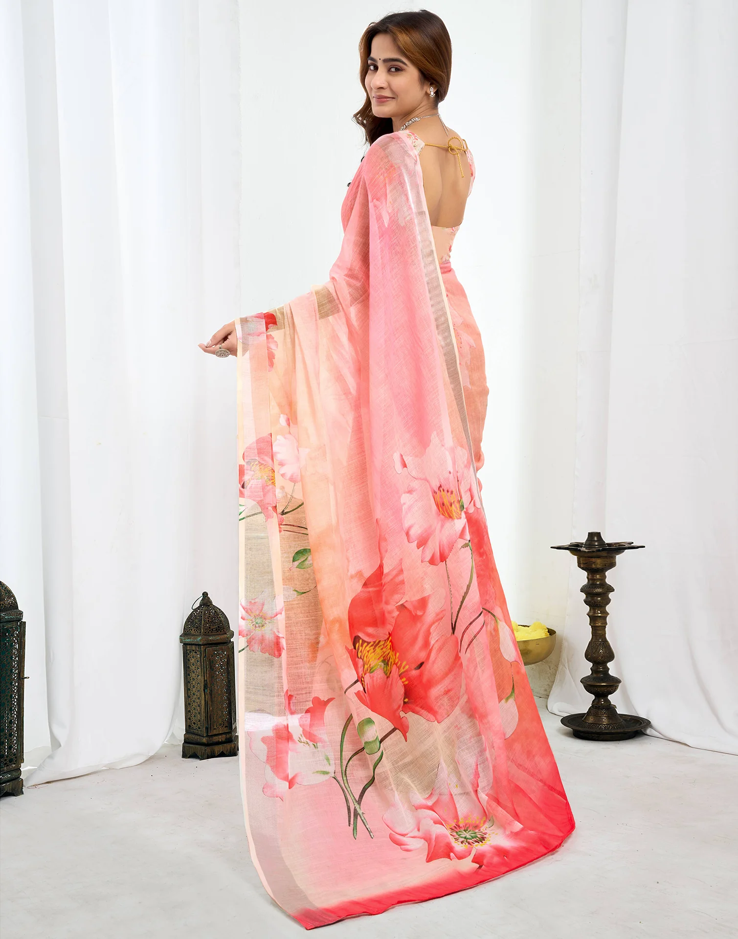 Ready To Wear Pink Linen Floral Printed Saree - Image 8