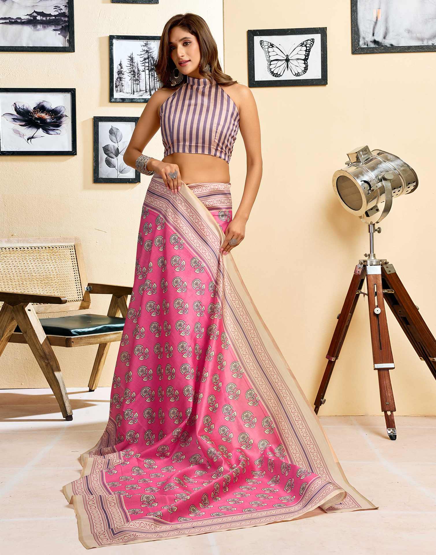 Ready To Wear Pink Silk Printed Saree - Image 2